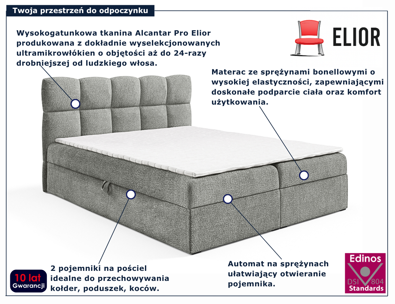 Szare tapicerowane łóżko kontynentalne Massilo
