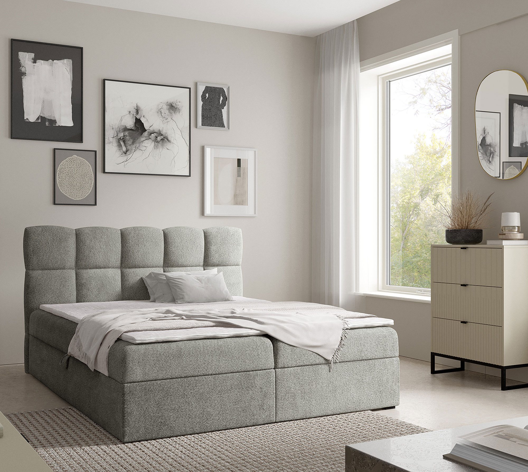 Aranżacja wnętrza z szarym łóżkiem Massilo