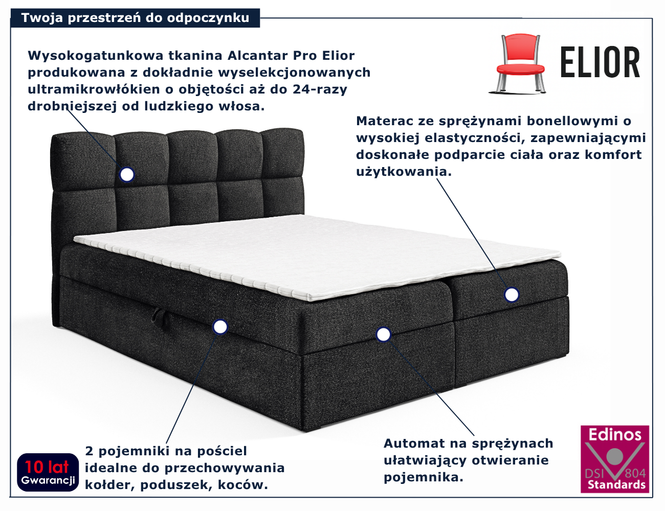 Czarne tapicerowane łóżko kontynentalne Massilo
