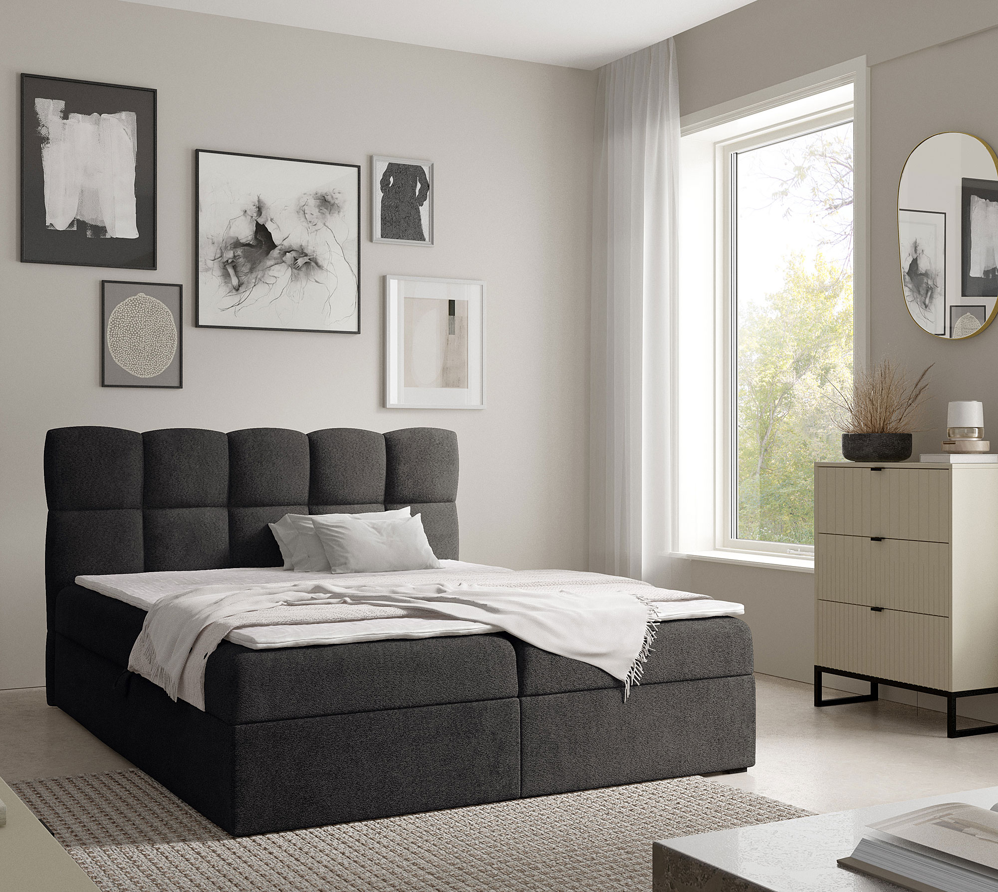 Aranżacja wnętrza z czarnym łóżkiem Massilo