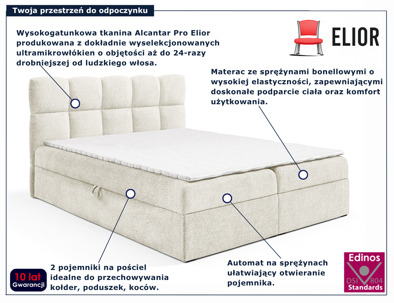 Kremowe tapicerowane łóżko kontynentalne Massilo