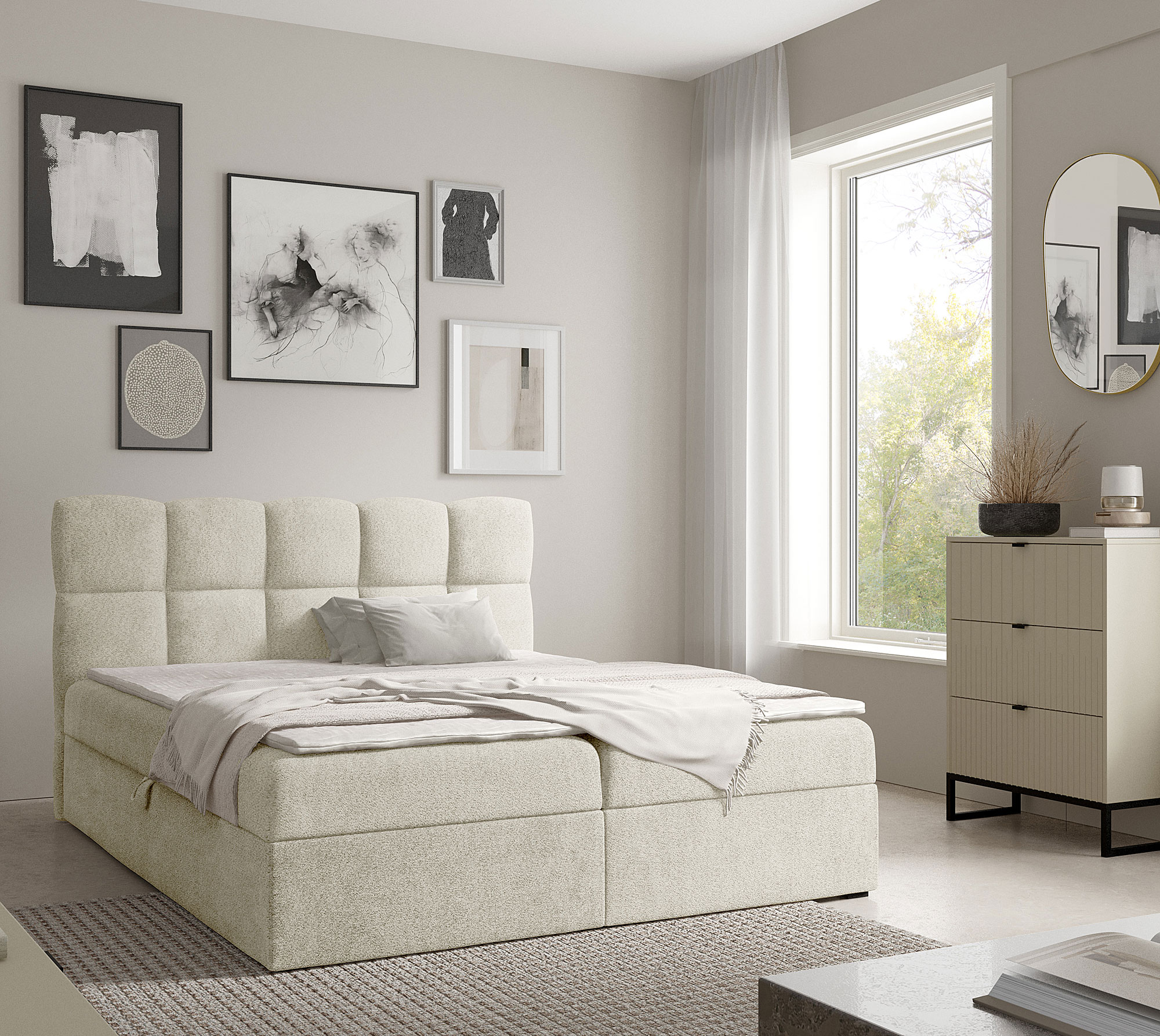 Aranżacja wnętrza z kremowym łóżkiem Massilo