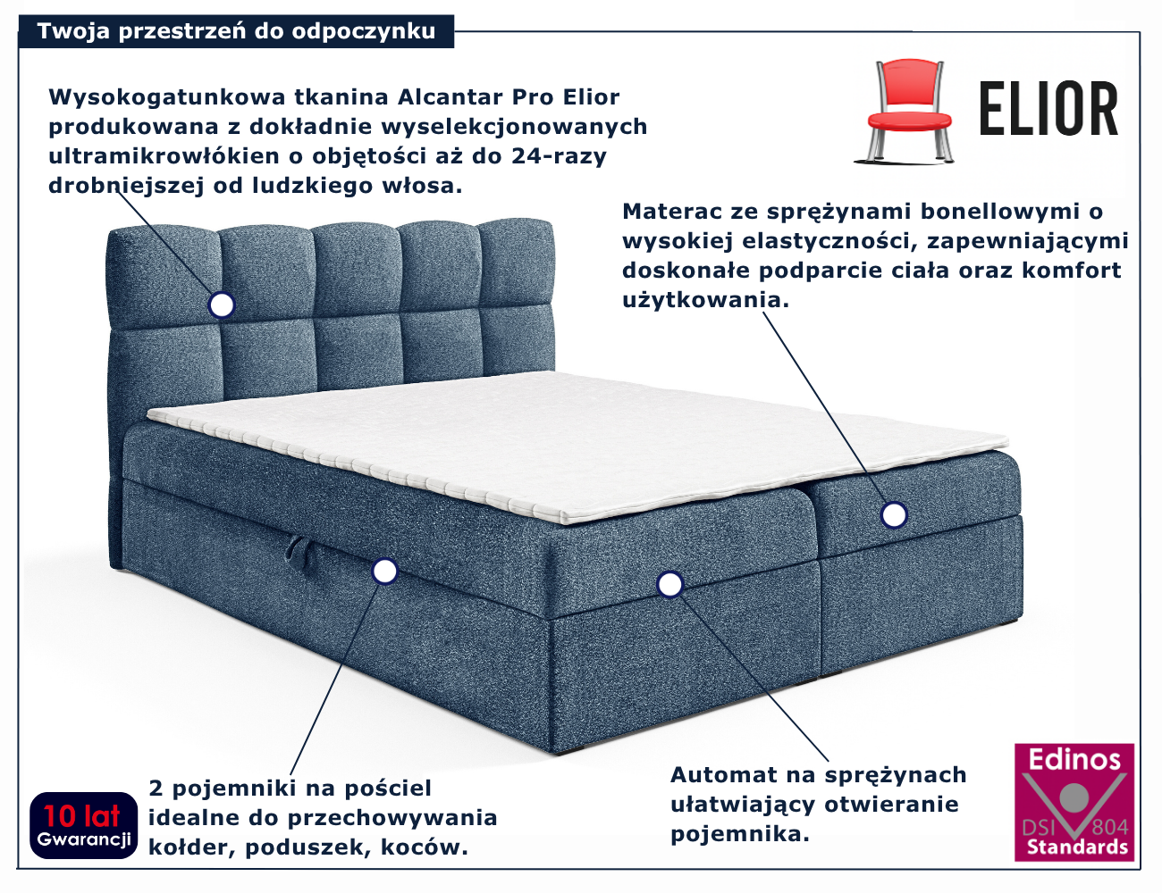 Niebieskie tapicerowane łóżko kontynentalne Massilo