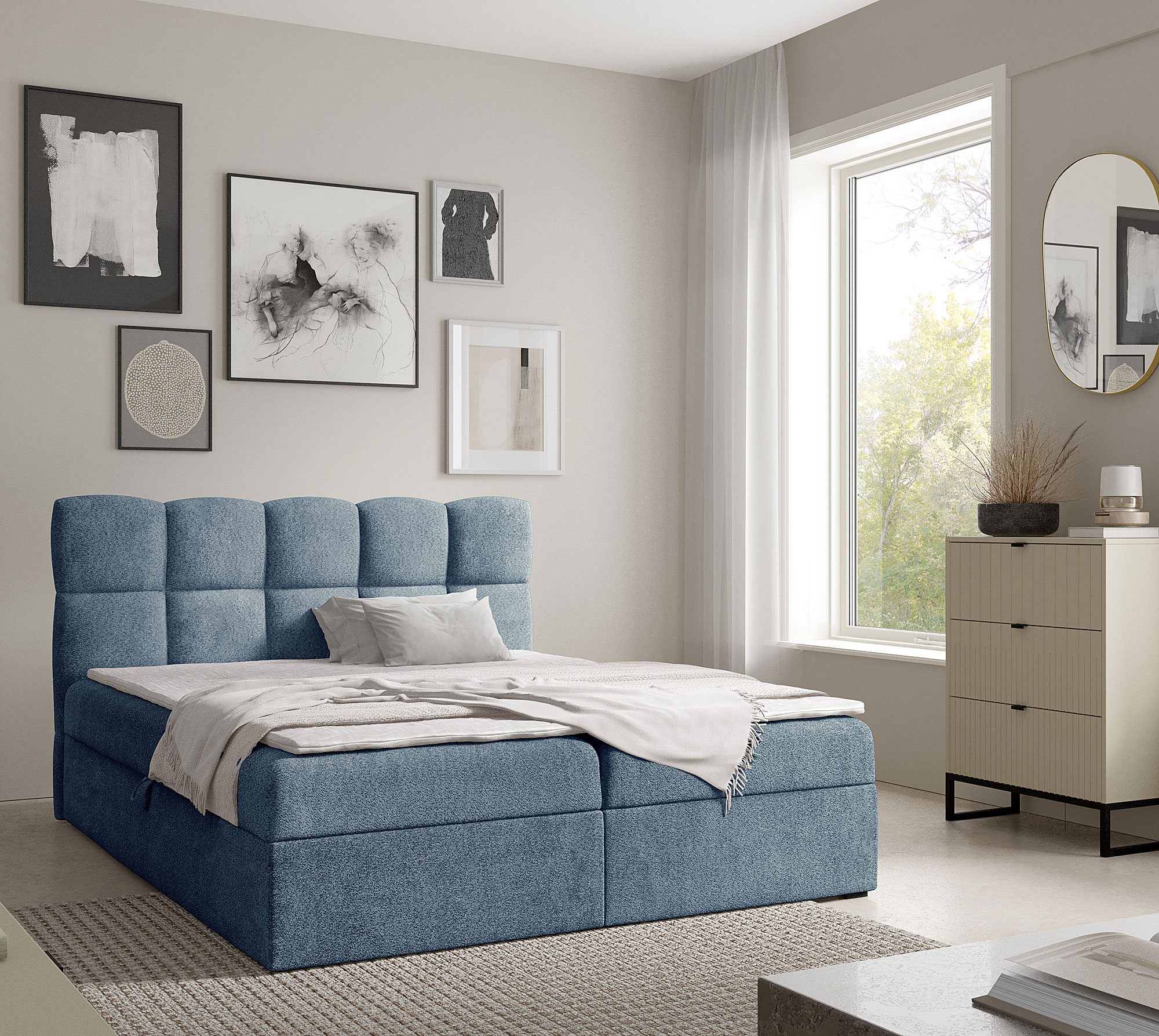 Aranżacja wnętrza z niebieskim łóżkiem Massilo