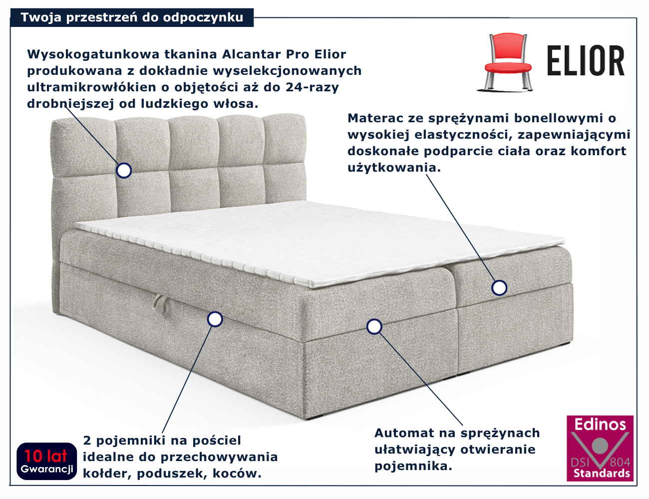 Szare tapicerowane łóżko kontynentalne Massilo