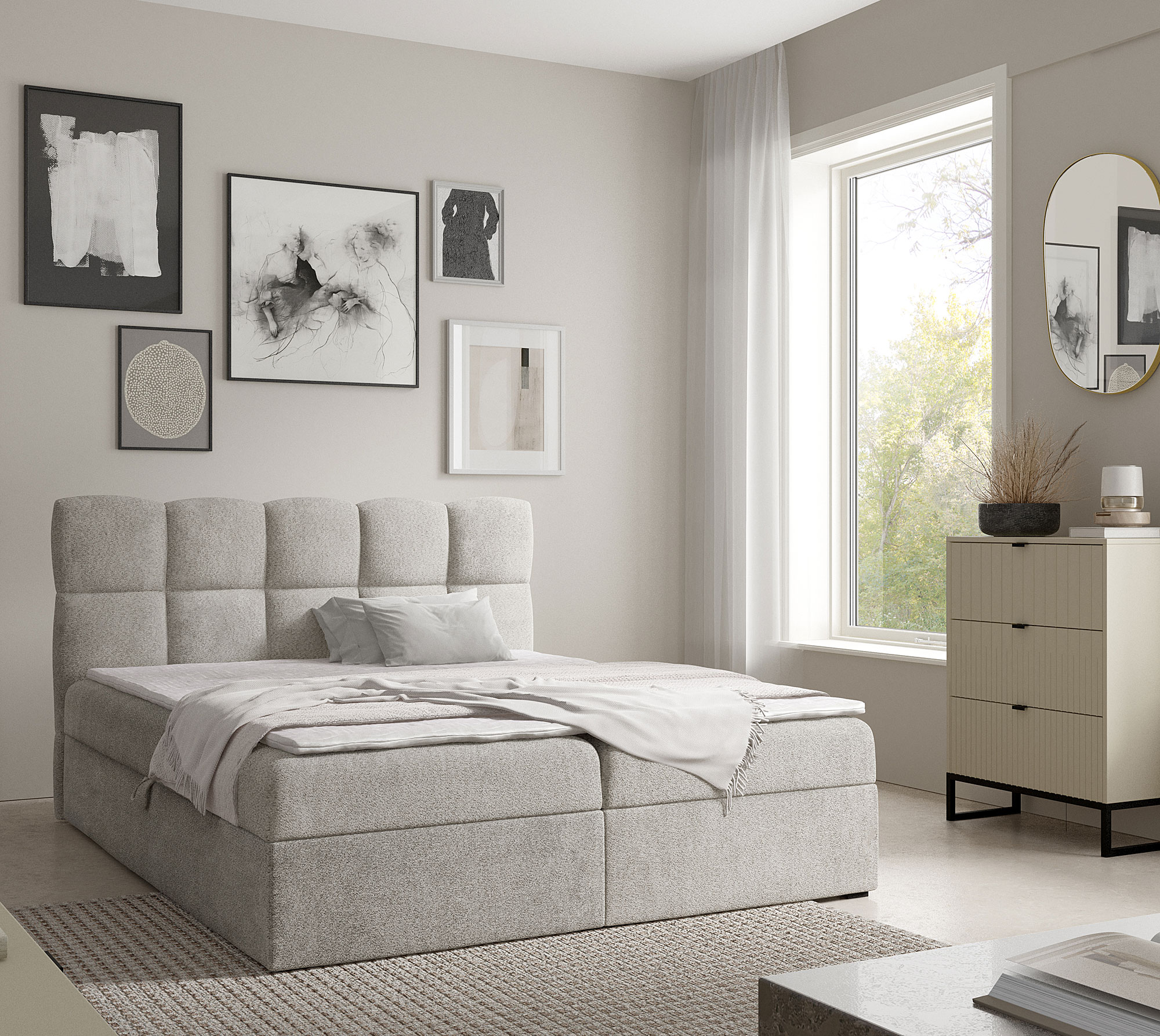 Aranżacja wnętrza z szarym łóżkiem Massilo