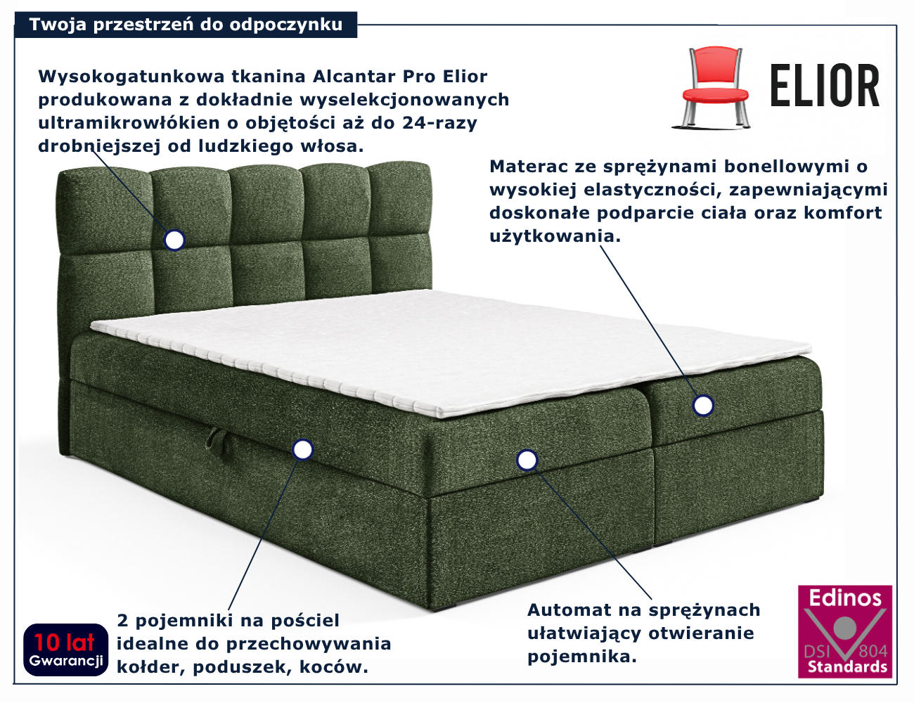 Zielone tapicerowane łóżko kontynentalne Massilo