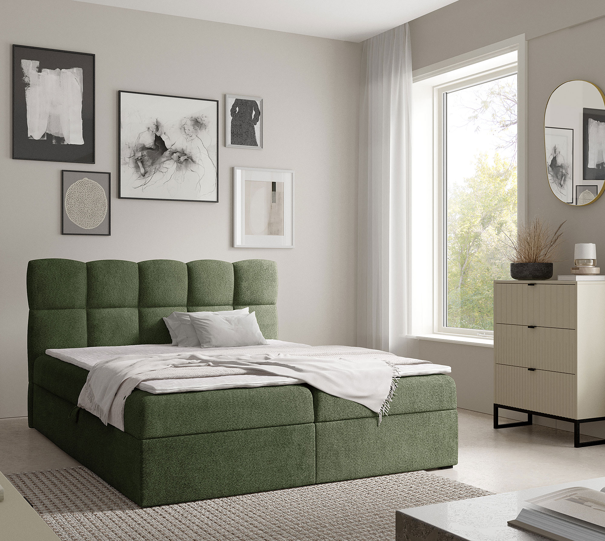Aranżacja wnętrza z zielonym łóżkiem Massilo