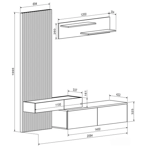 wymiary stylowego zestawu mebli Sindo