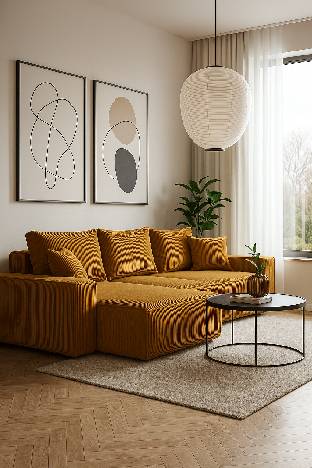 Aranżacja wnętrza z sofą w kolorze musztardowym Lusvane 4X