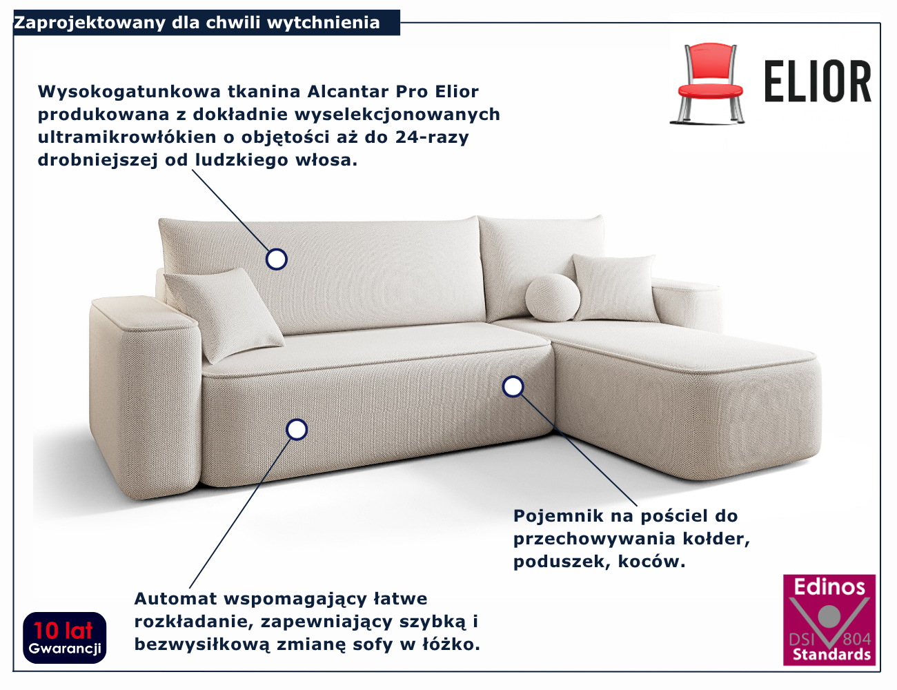 Kremowy narożnik rozkładany w kształcie litery L Mossira 3X