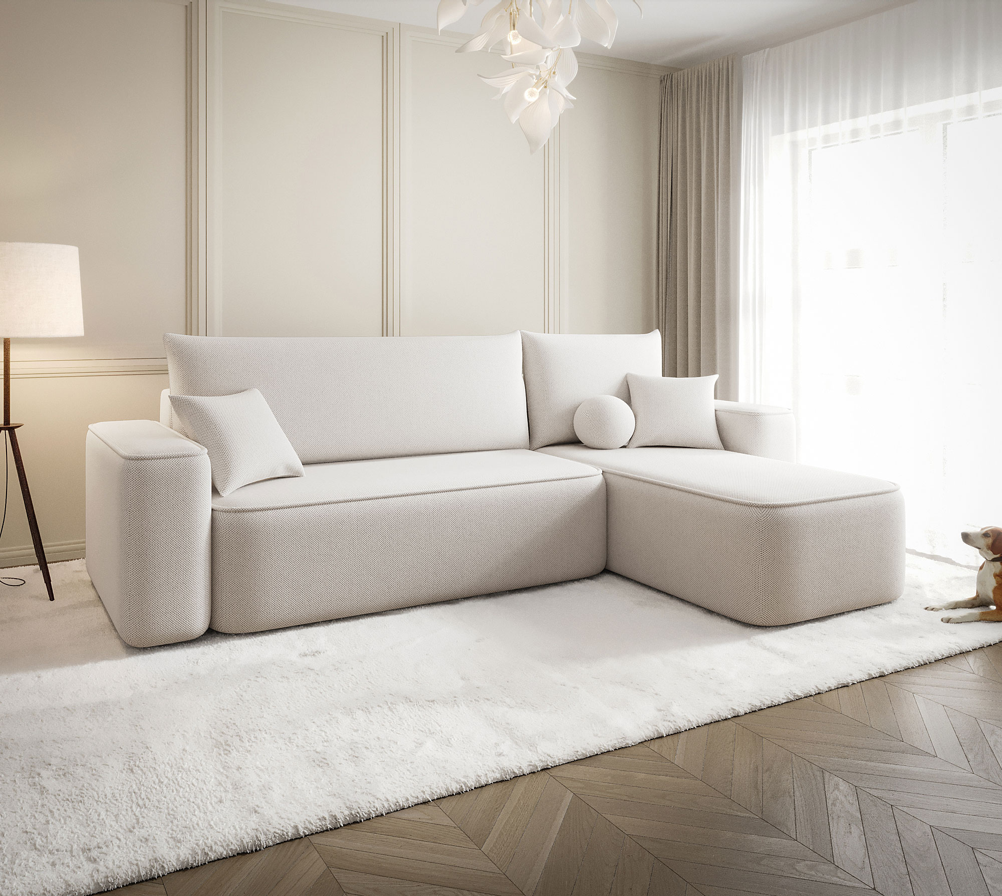 Aranżacja wnętrza z sofą w kolorze kremowym Mossira 3X