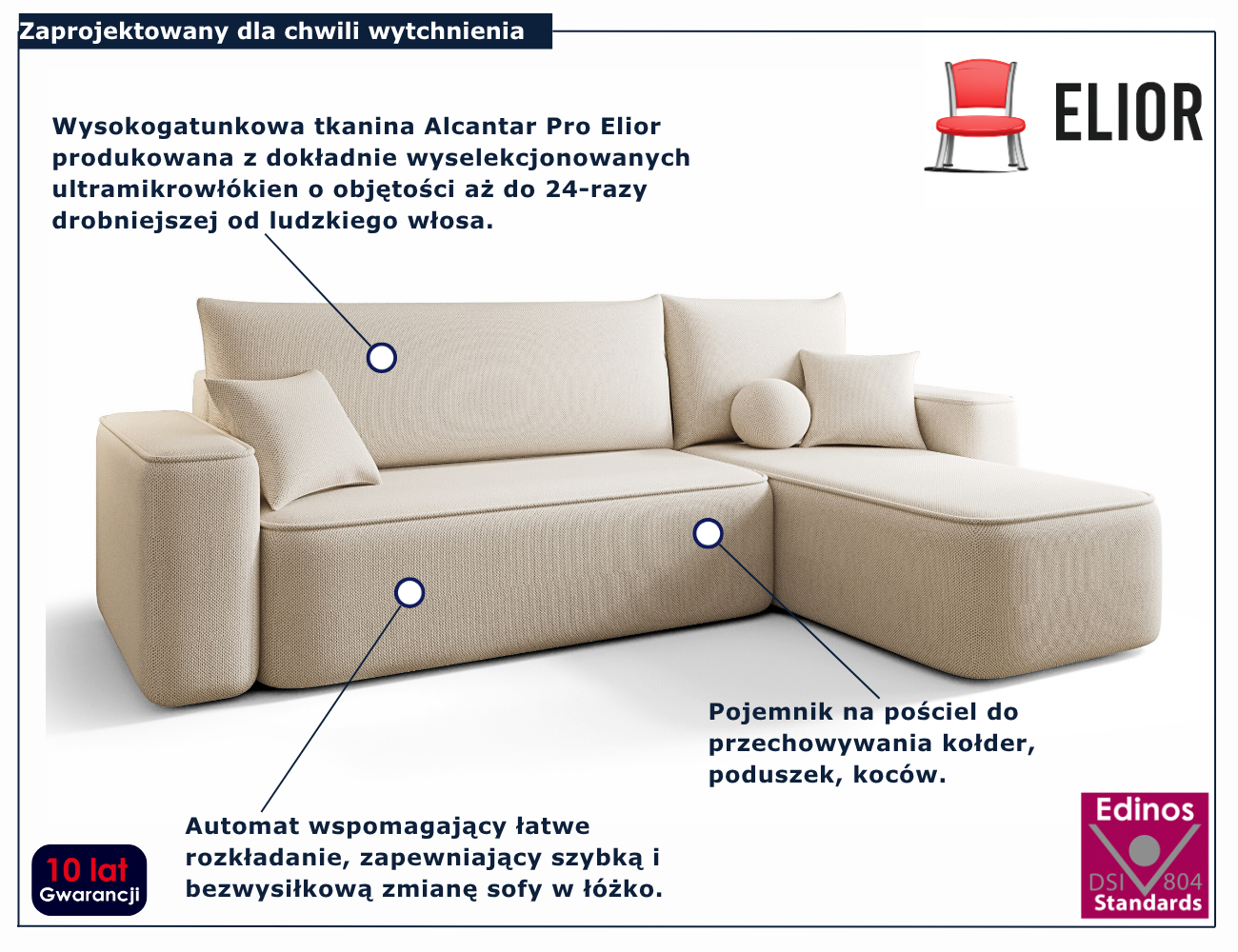 Beżowy narożnik rozkładany w kształcie litery L Mossira 3X