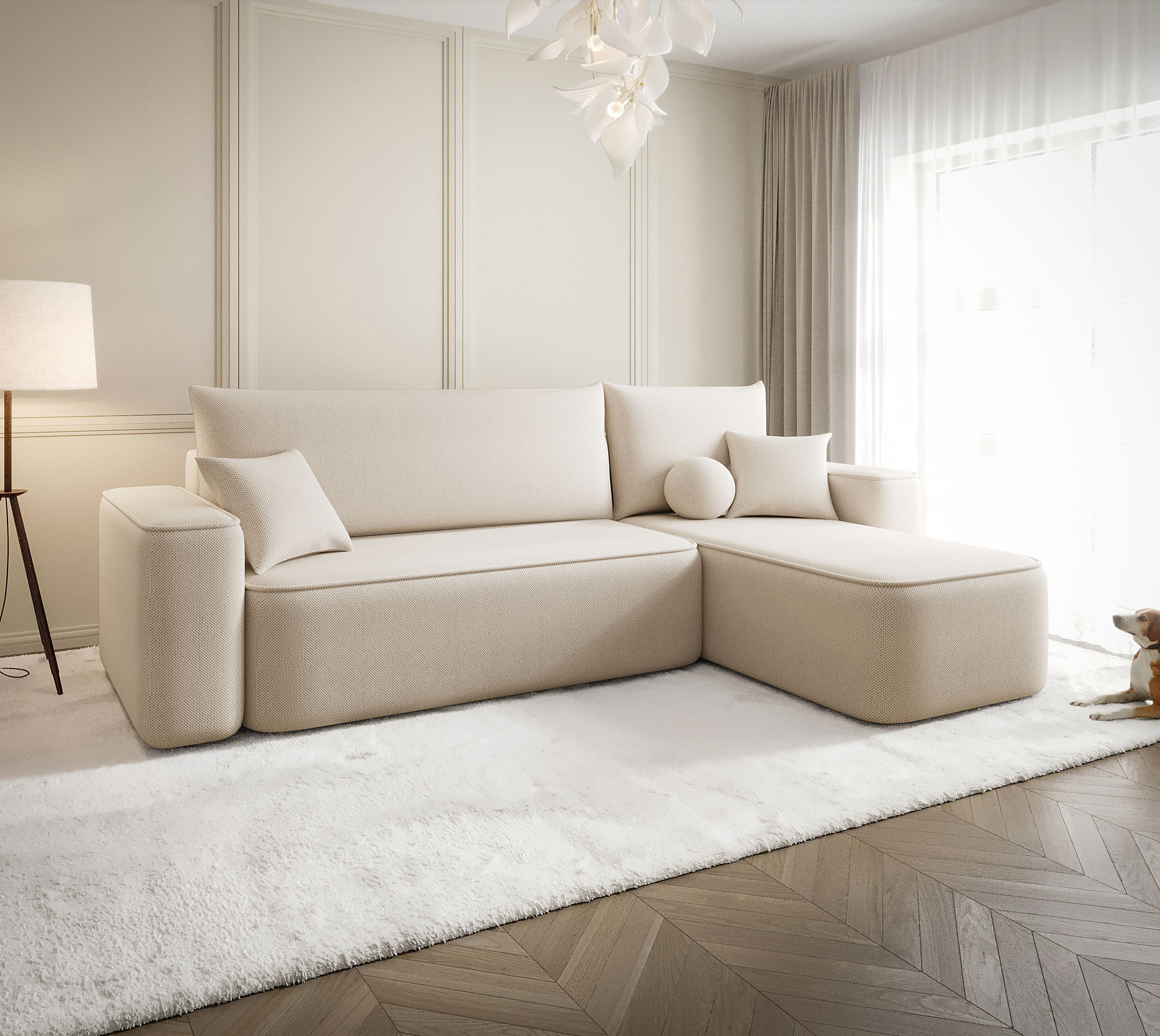 Aranżacja wnętrza z sofą w kolorze beżowym Mossira 3X