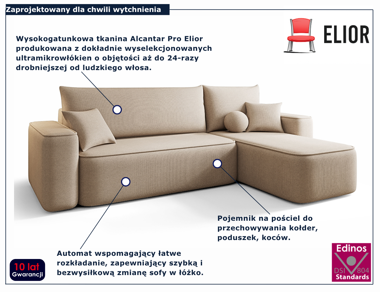 Ciemnobeżowy narożnik rozkładany w kształcie litery L Mossira 3X