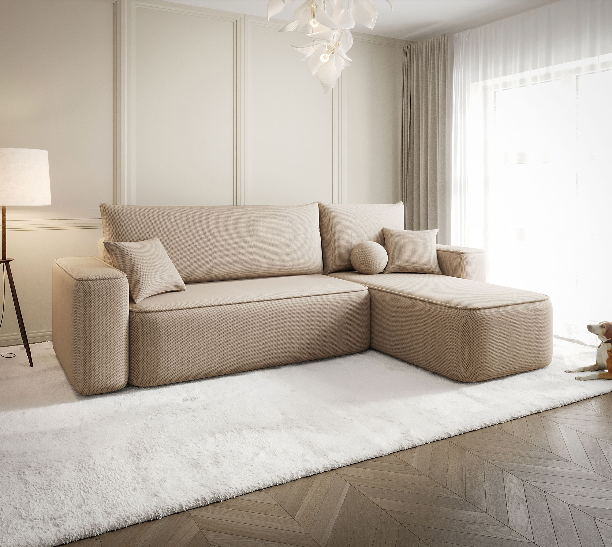 Aranżacja wnętrza z sofą w kolorze ciemnobeżowym Mossira 3X