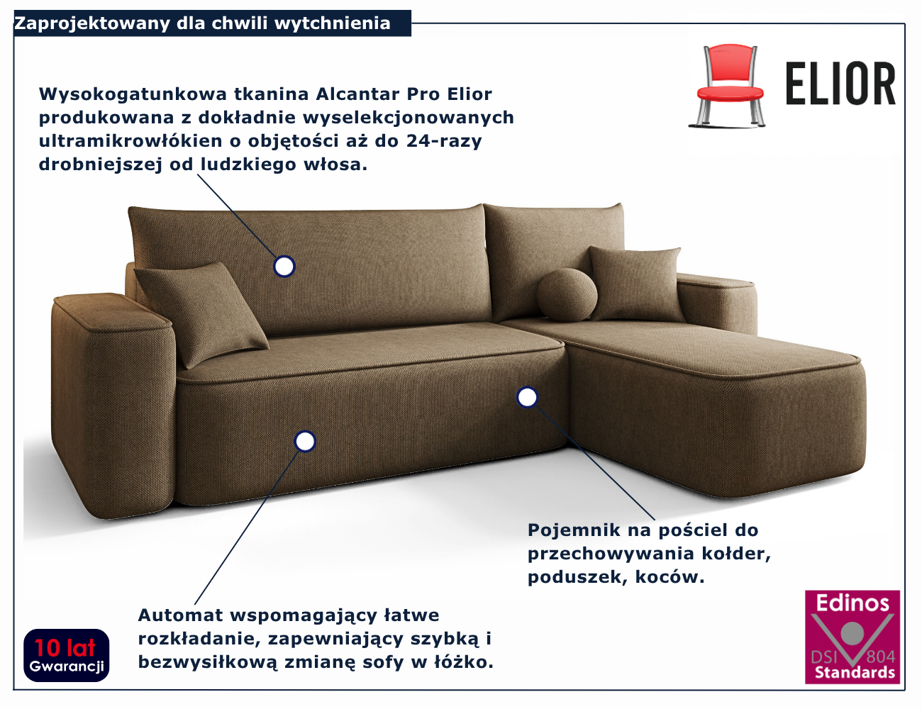 Brązowy narożnik rozkładany w kształcie litery L Mossira 3X