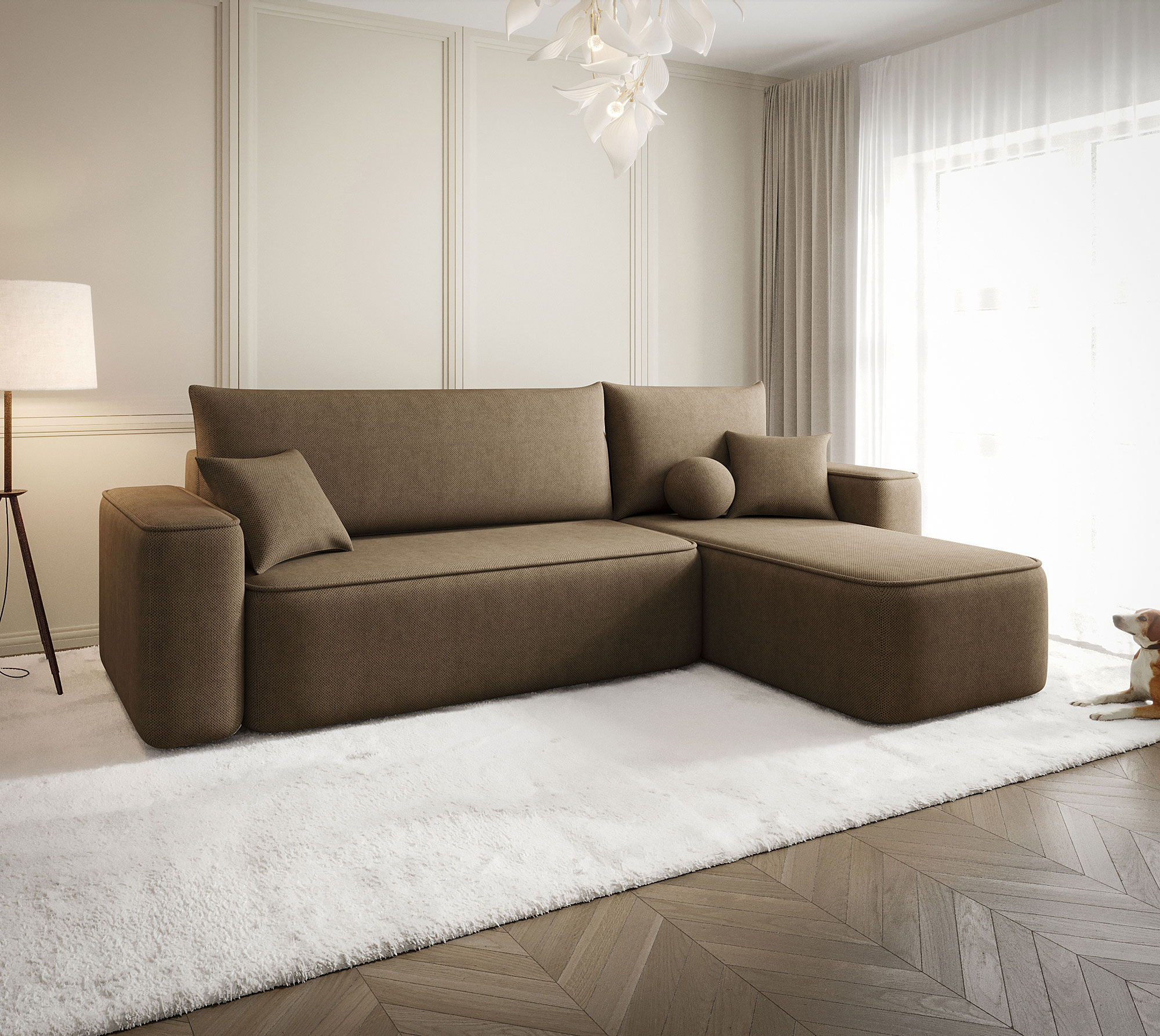 Aranżacja wnętrza z sofą w kolorze brązowym Mossira 3X