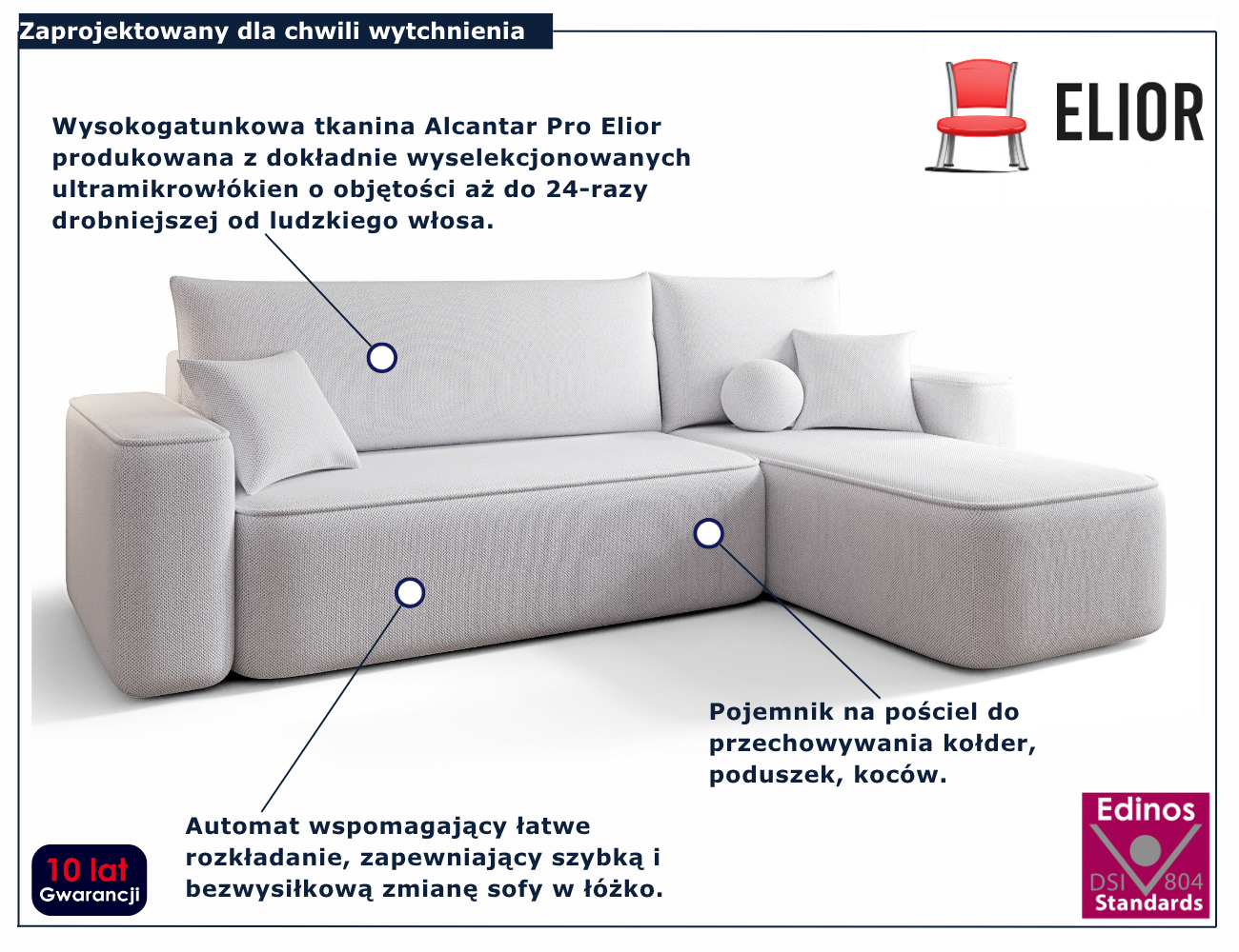 Jasnoszary narożnik rozkładany w kształcie litery L Mossira 3X