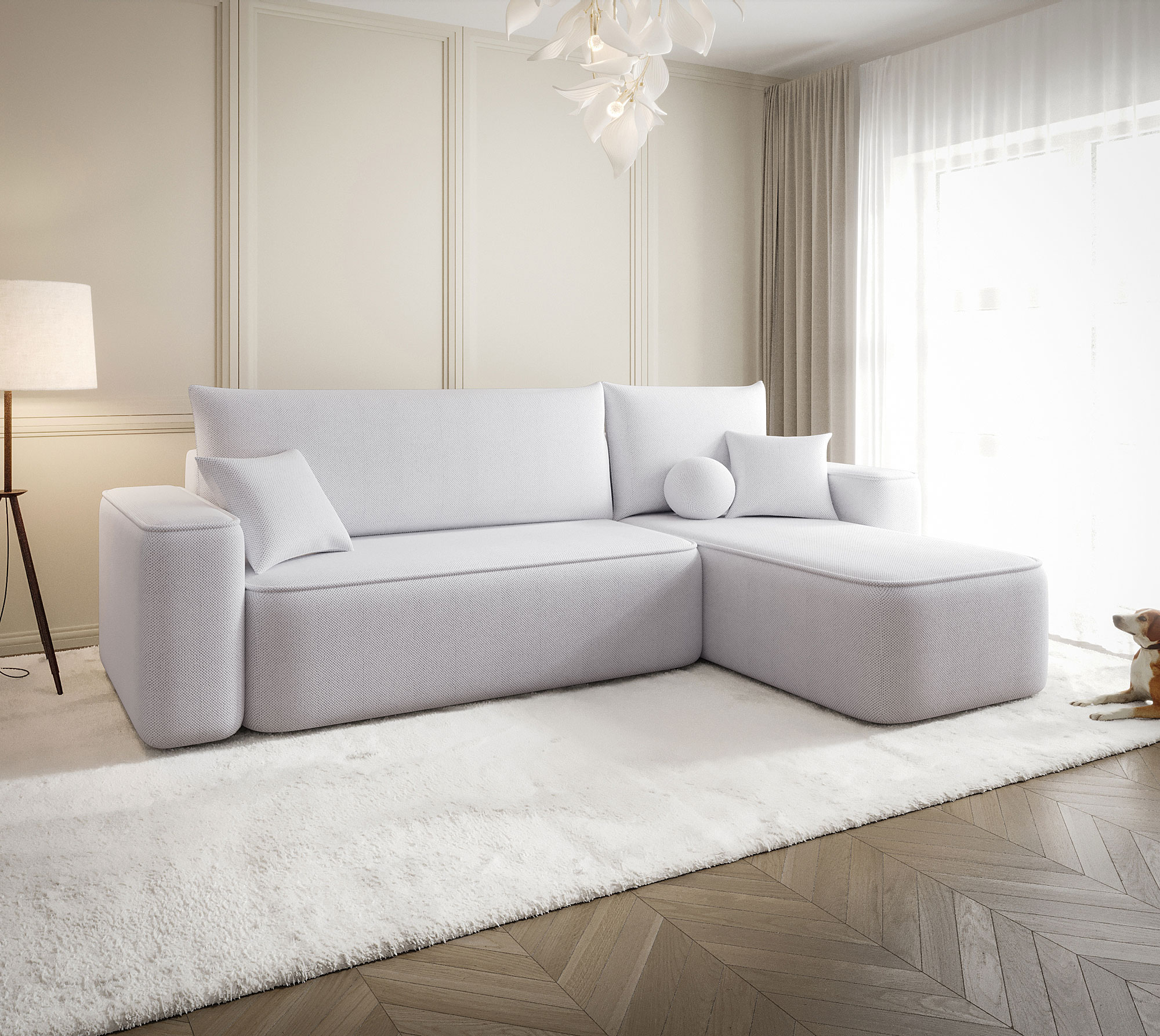 Aranżacja wnętrza z sofą w kolorze jasnoszary Mossira 3X