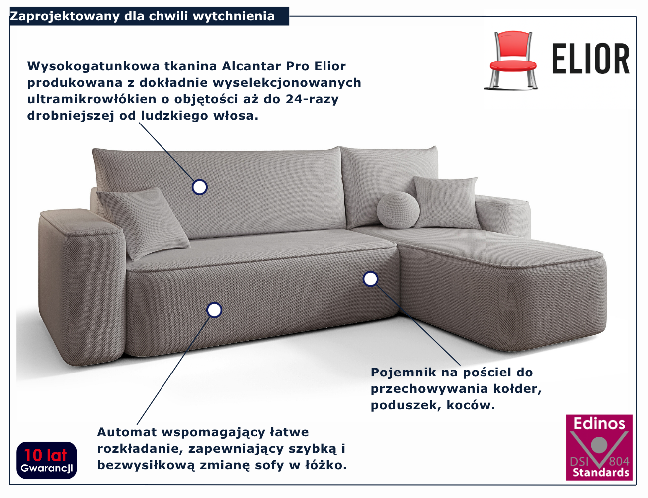 Szary narożnik rozkładany w kształcie litery L Mossira 3X