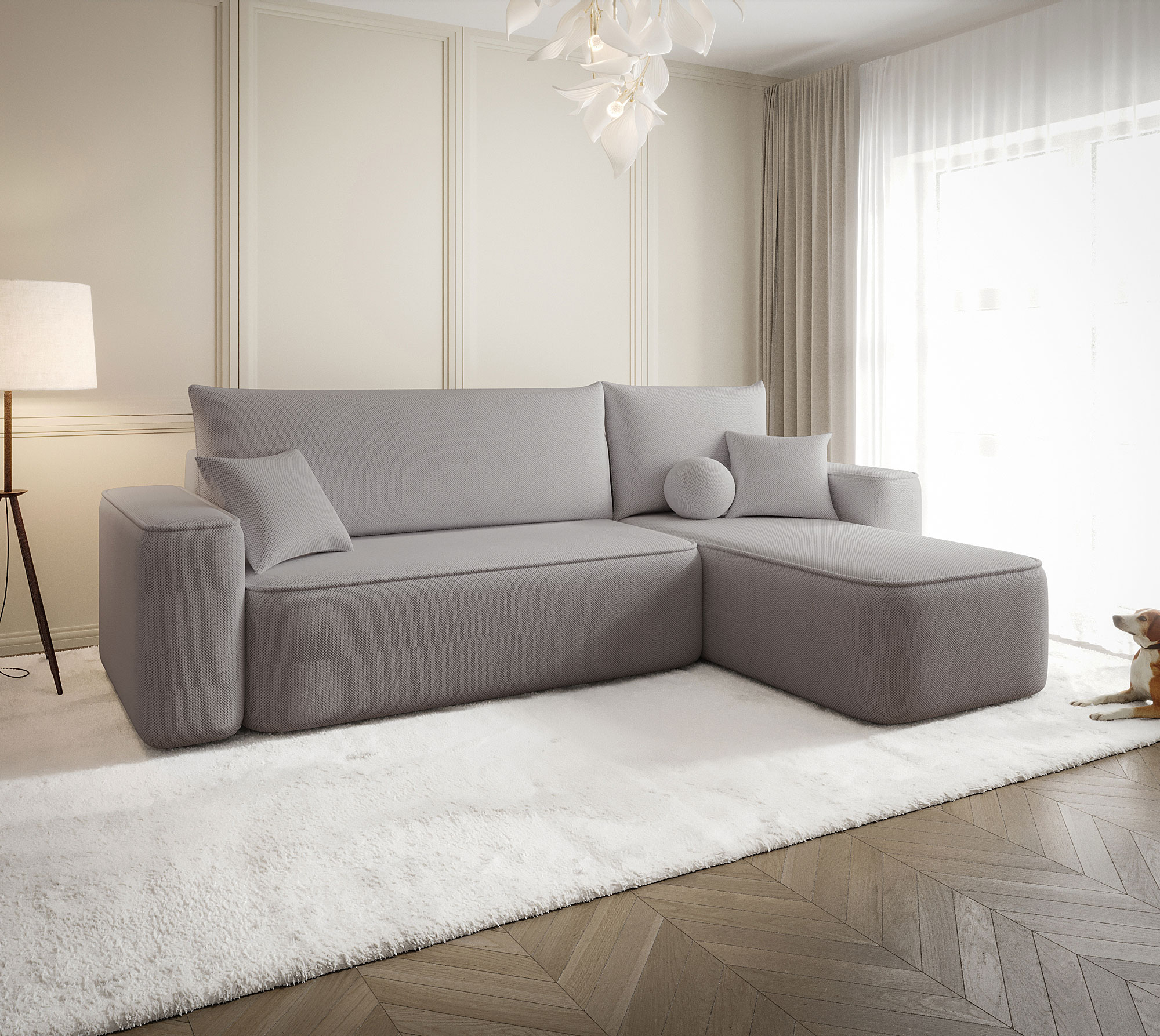 Aranżacja wnętrza z sofą w kolorze szarym Mossira 3X