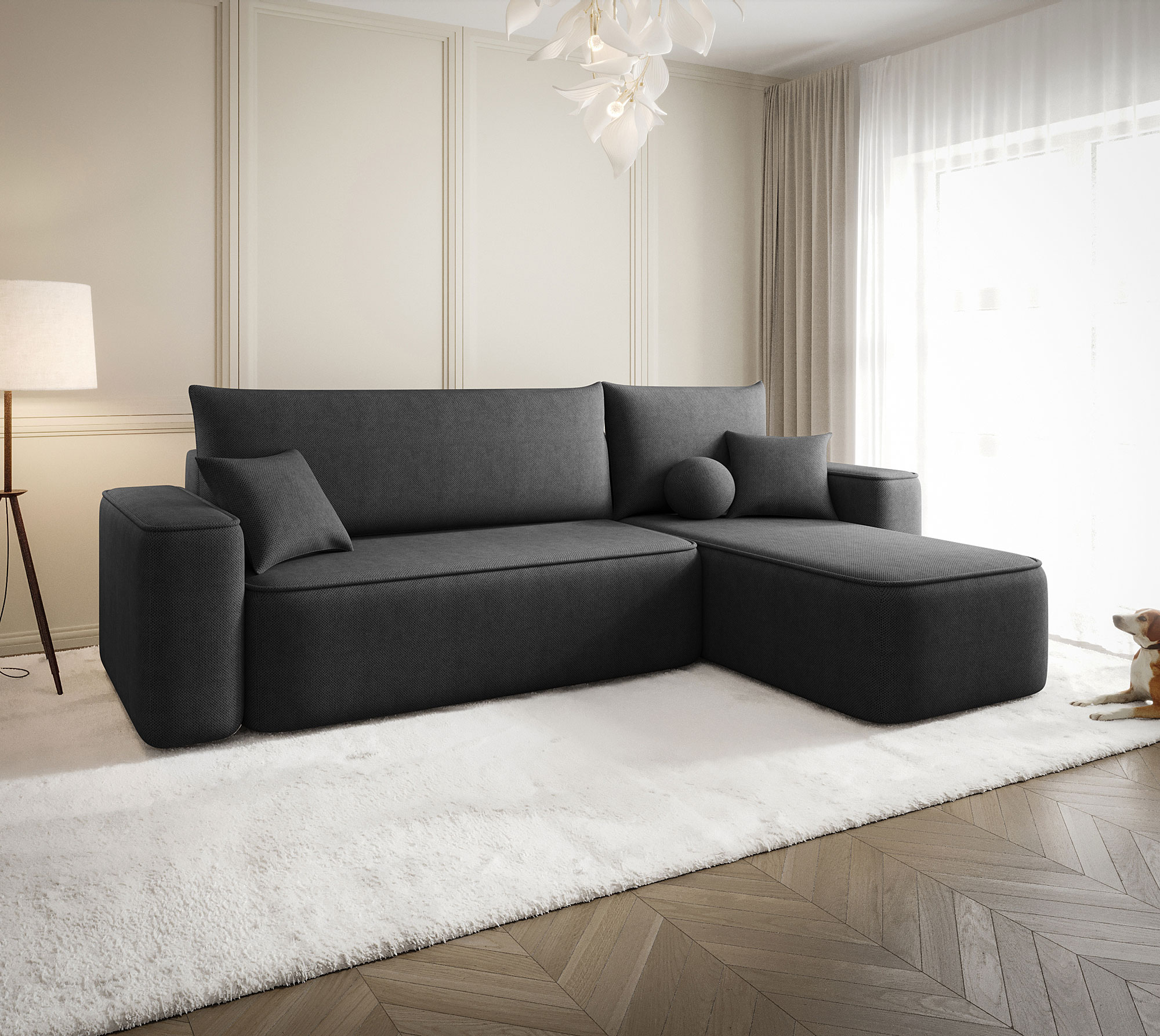 Aranżacja wnętrza z sofą w kolorze grafitowym Mossira 3X