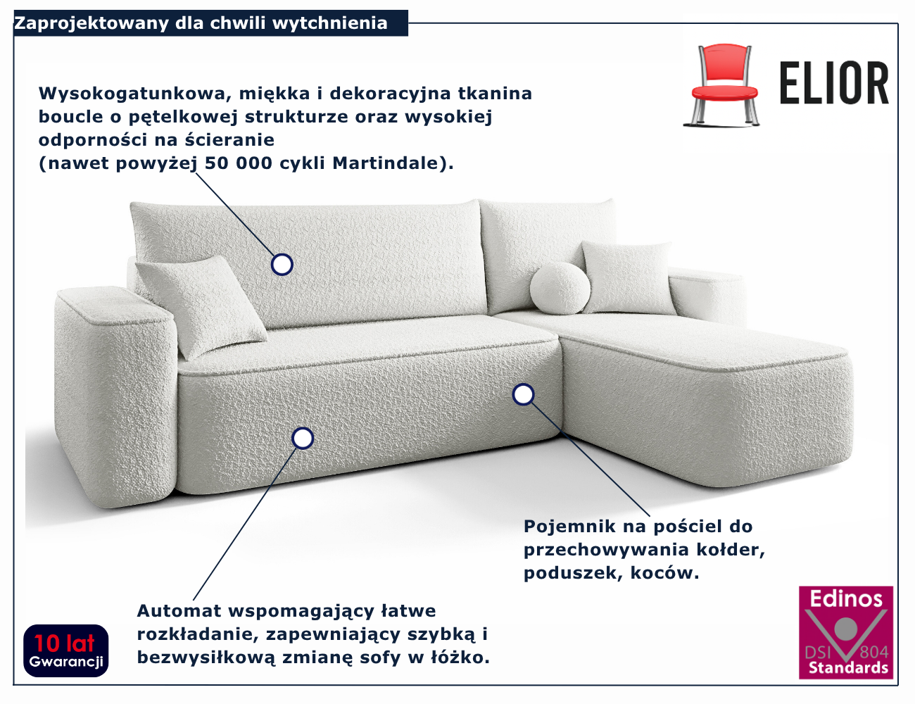Biały narożnik rozkładany w kształcie litery L Mossira 4X