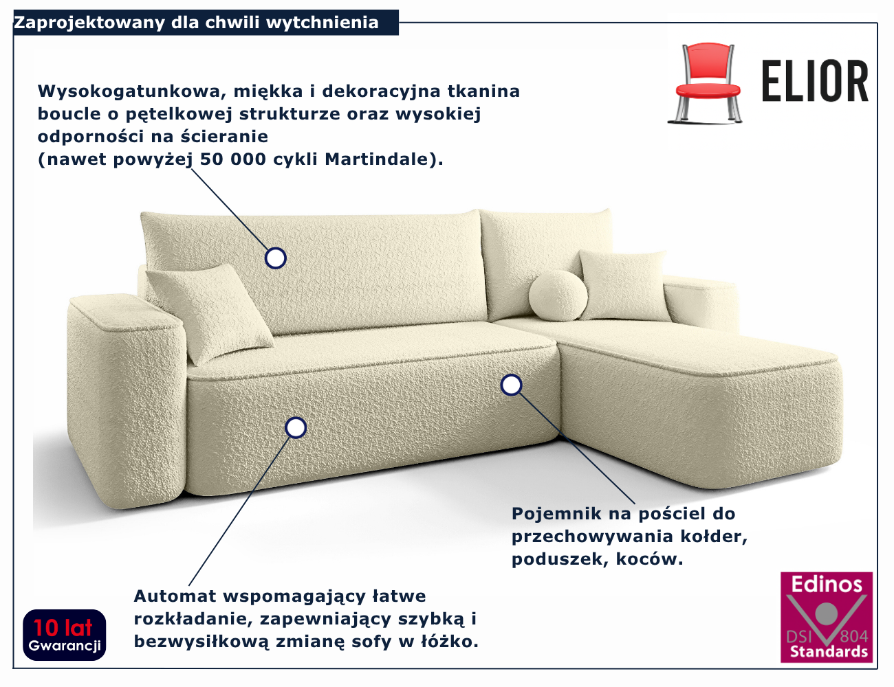 Kremowy narożnik rozkładany w kształcie litery L Mossira 4X
