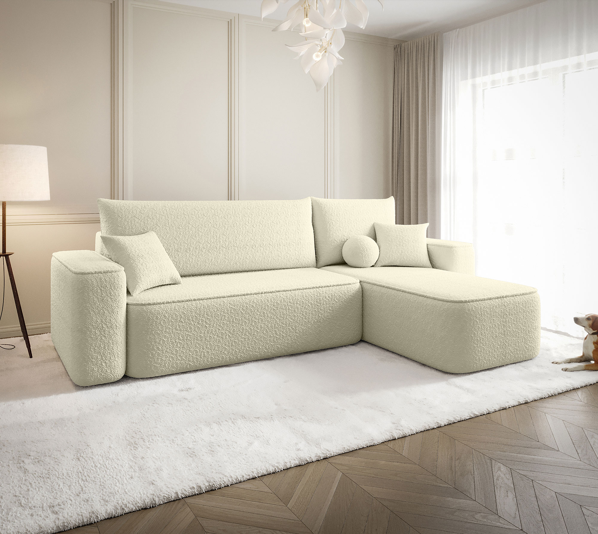 Aranżacja wnętrza z sofą w kolorze kremowym Mossira 3X