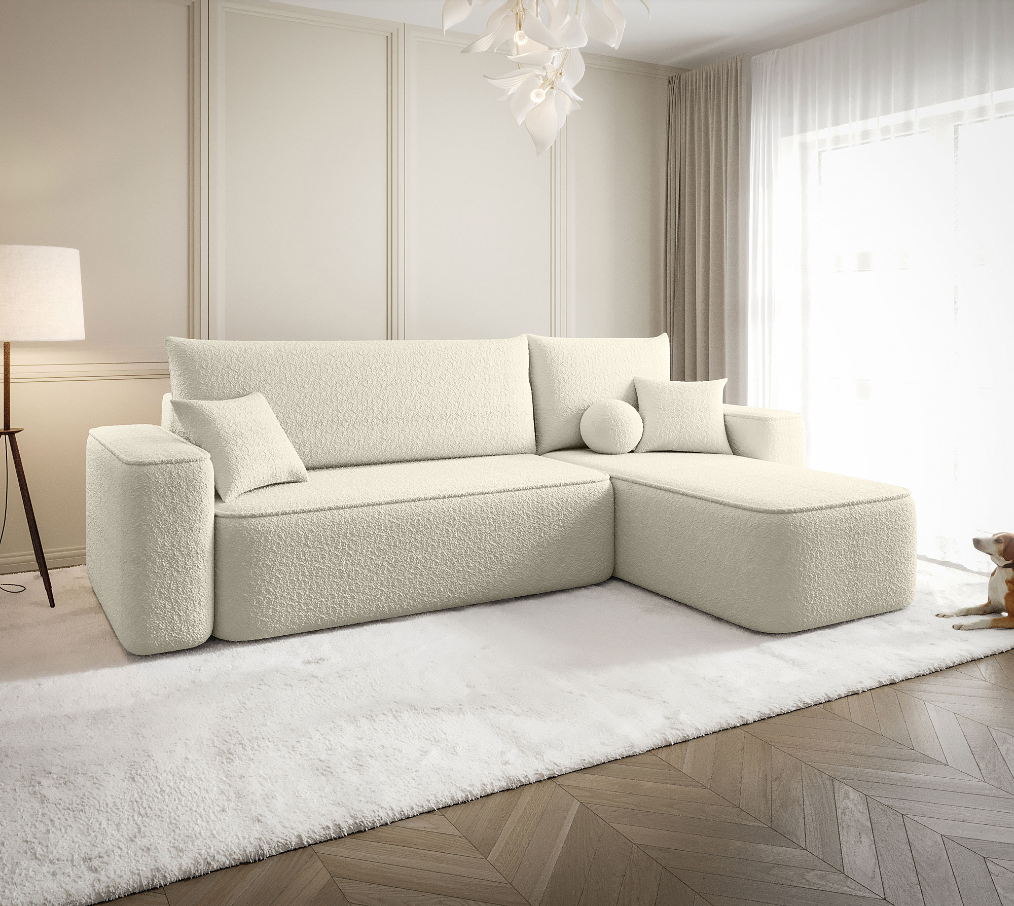 Aranżacja wnętrza z sofą w kolorze beżowym Mossira 3X