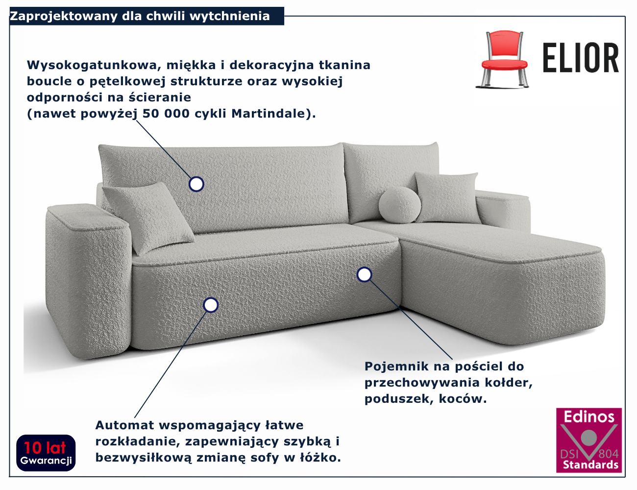Jasnoszary narożnik rozkładany w kształcie litery L Mossira 4X
