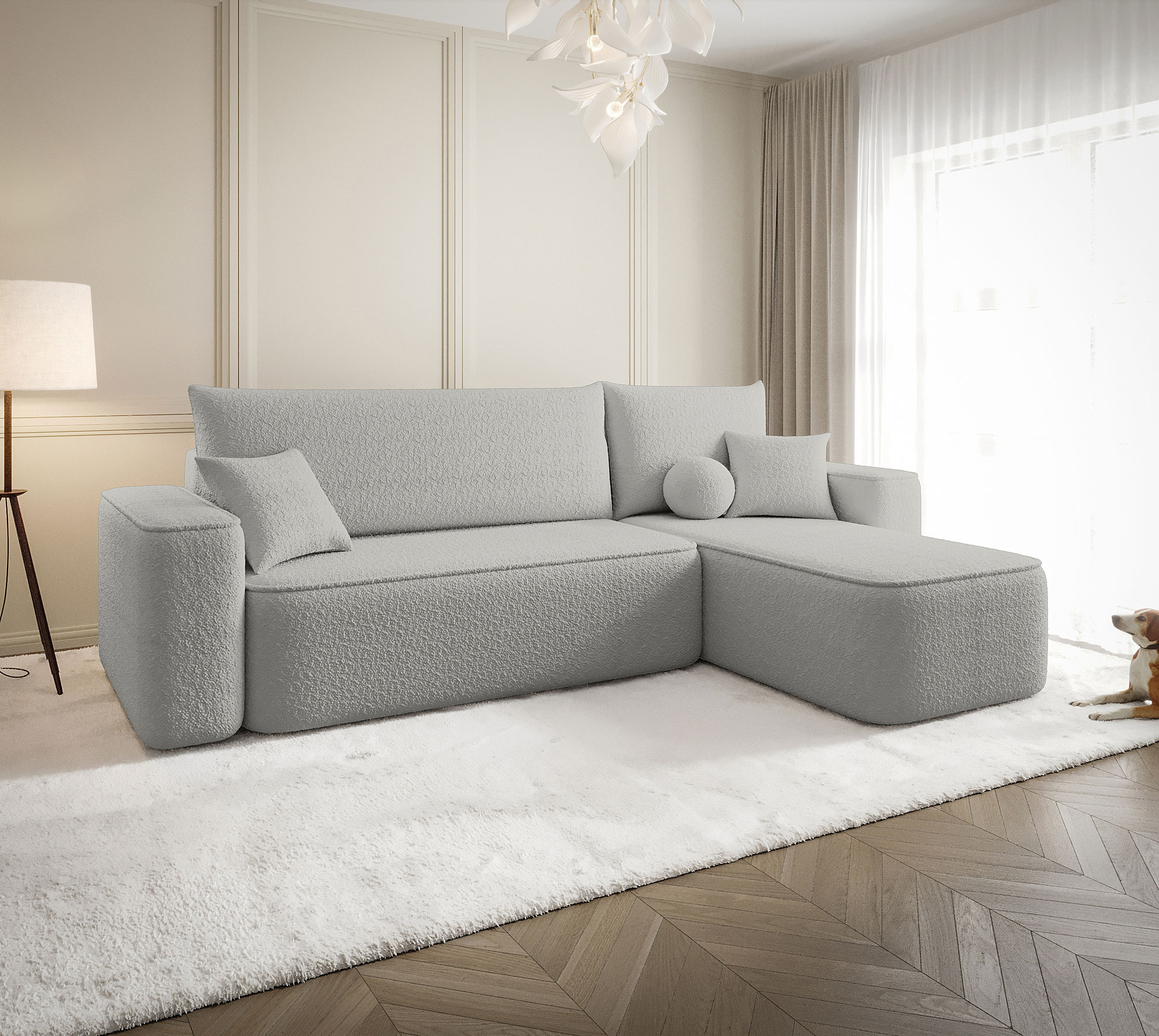 Aranżacja wnętrza z sofą w kolorze jasnoszarym Mossira 3X