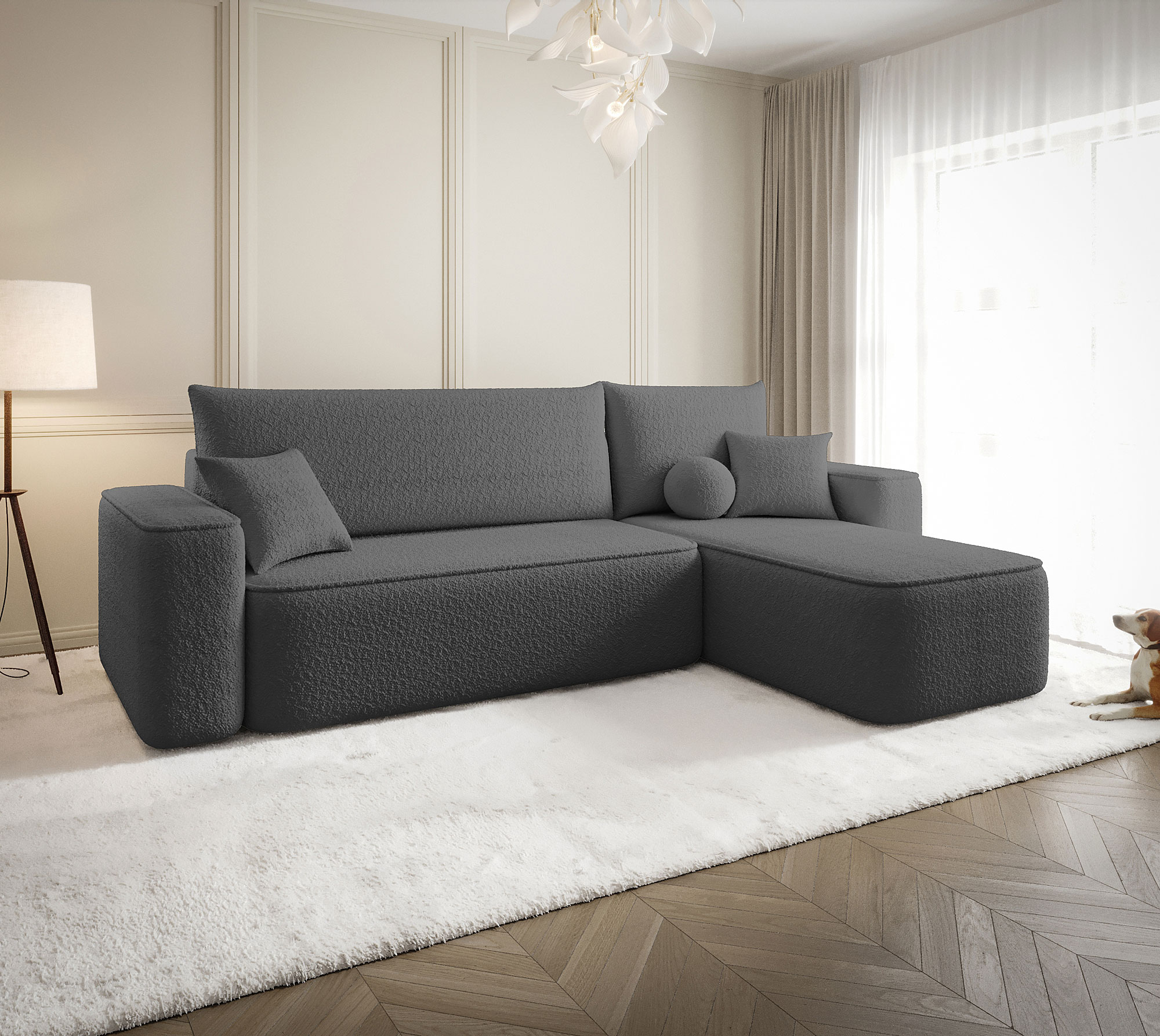 Aranżacja wnętrza z sofą w kolorze ciemnoszarym Mossira 3X