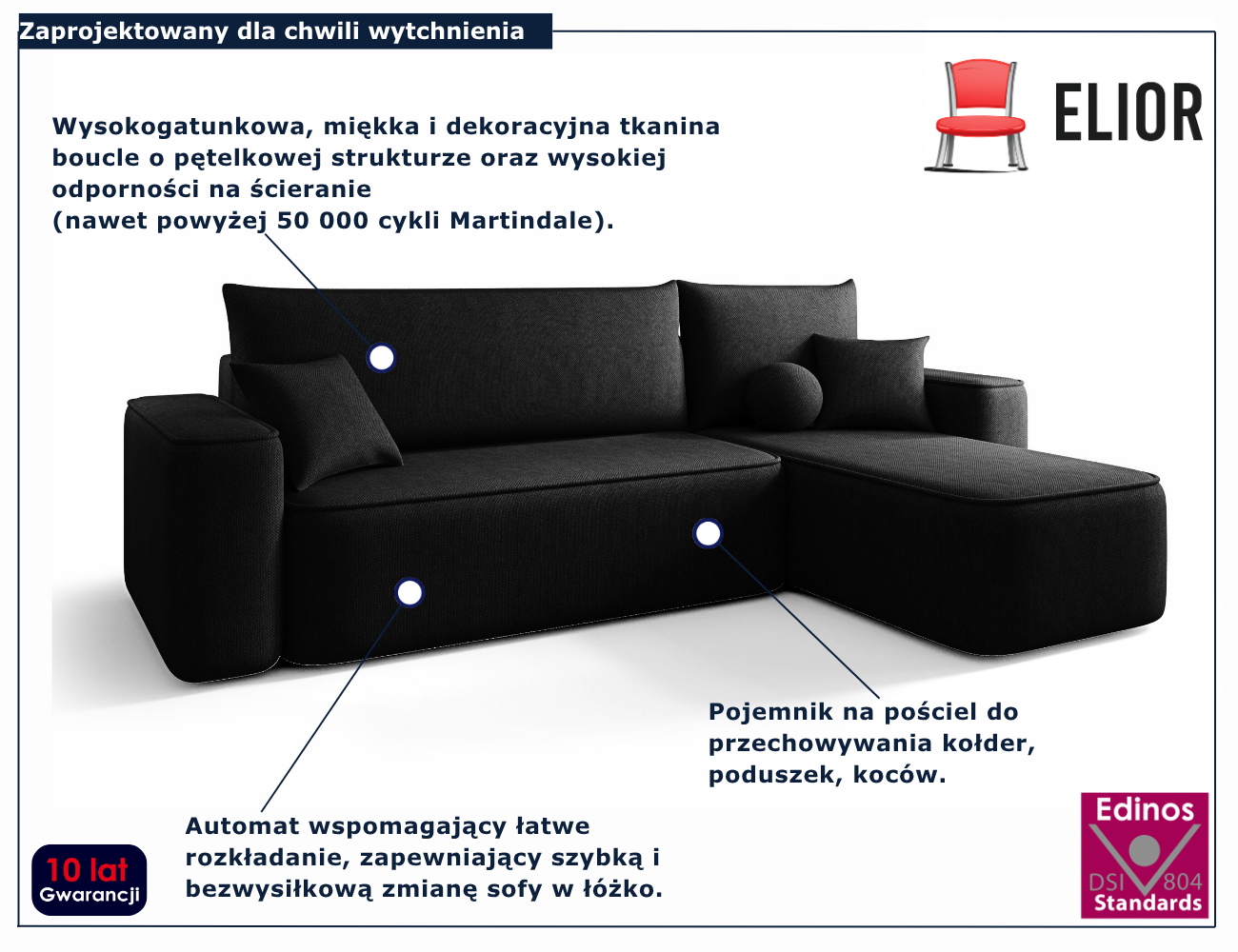 Czarny narożnik rozkładany w kształcie litery L Mossira 4X