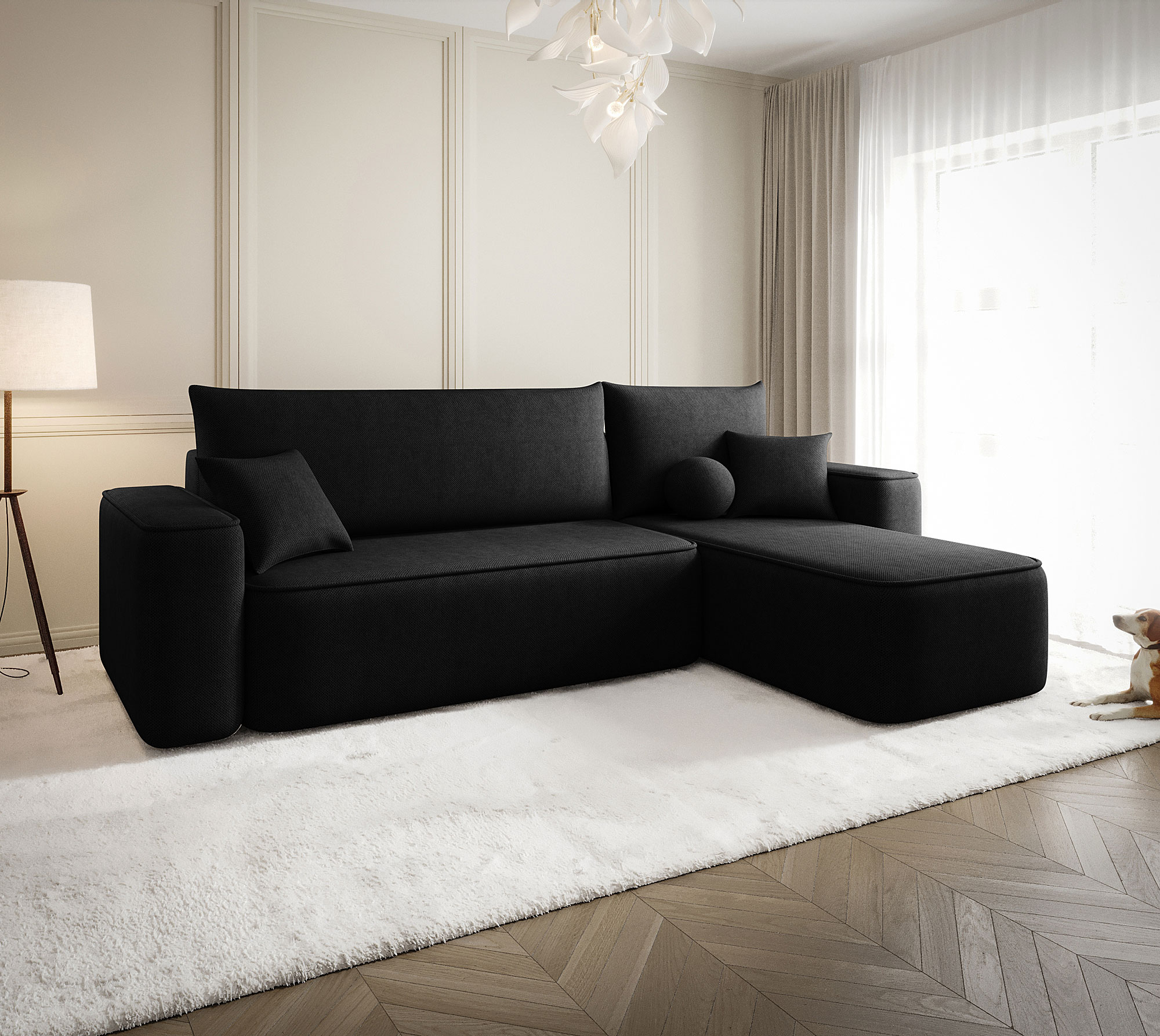 Aranżacja wnętrza z sofą w kolorze czarnym Mossira 3X