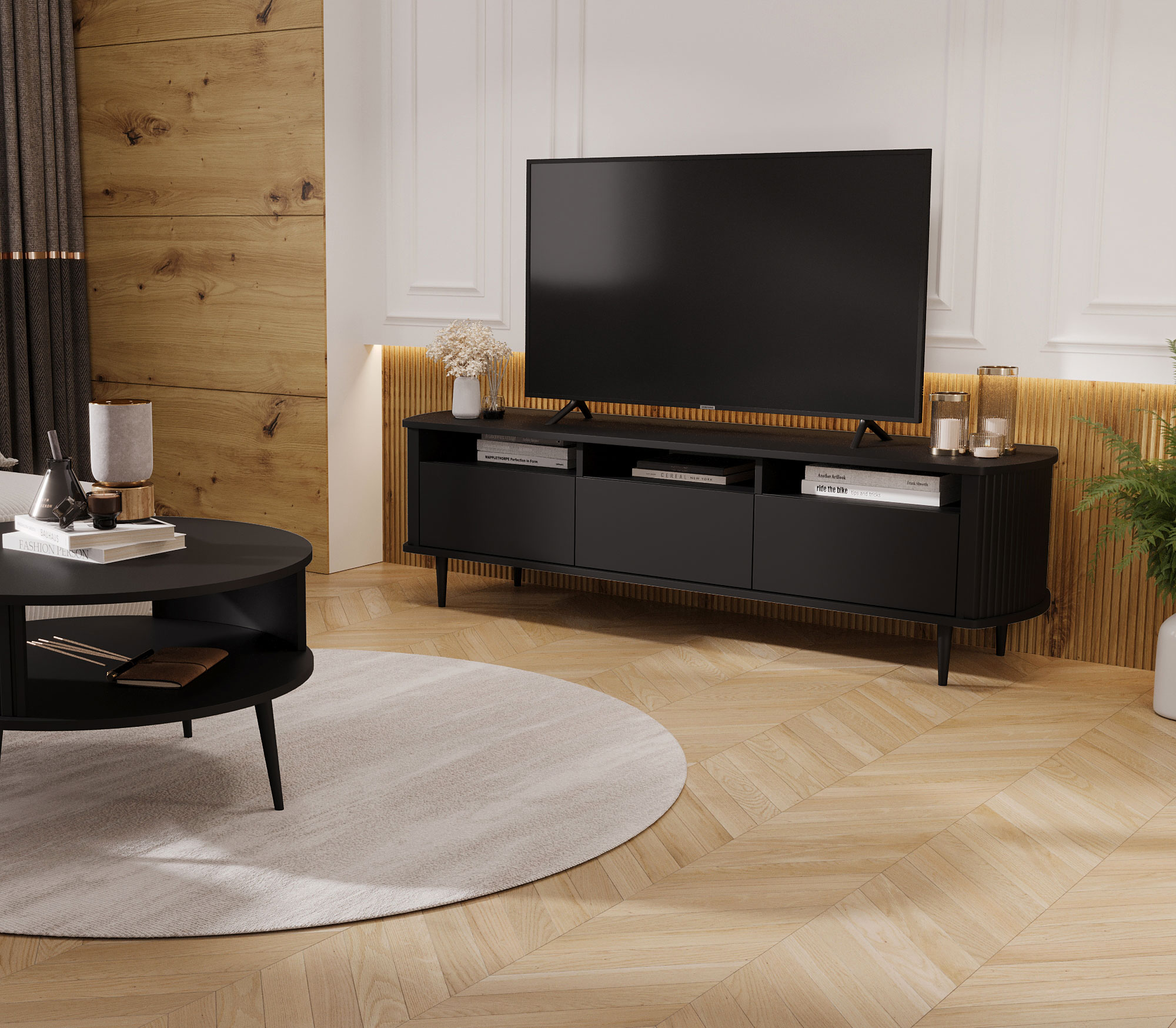 Aranżacja wnętrza z czarną szafką rtv Ellmora