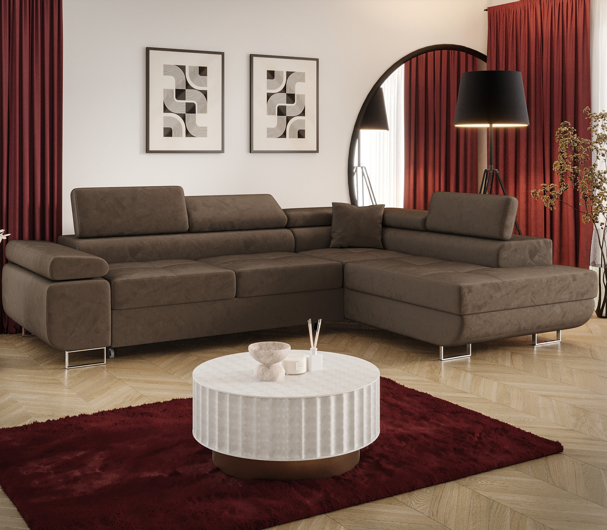 Aranżacja wnętrza z sofą w kolorze brązowym Tavesso 3X