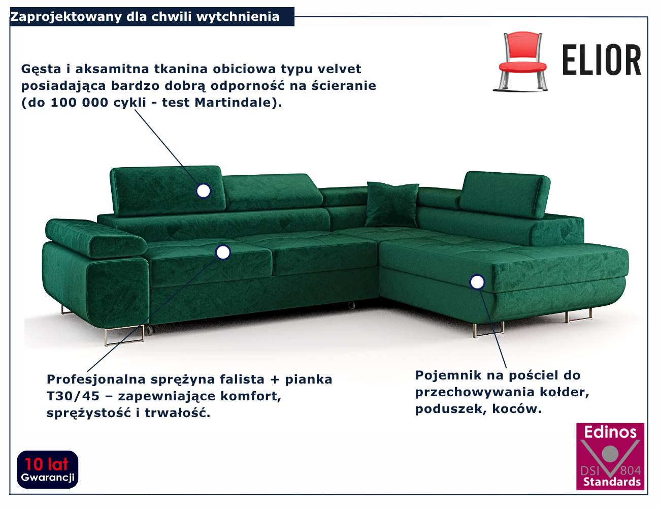 Zielony narożnik rozkładany w kształcie litery L Tavesso 3X