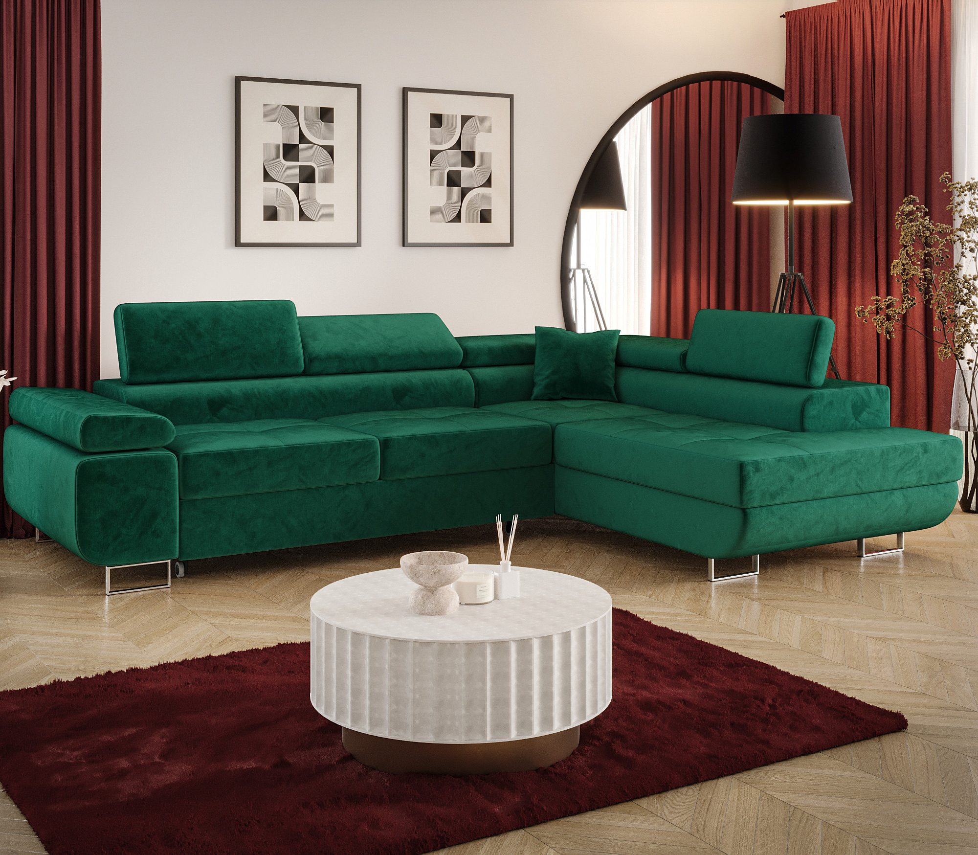 Aranżacja wnętrza z sofą w kolorze zielonym Tavesso 3X