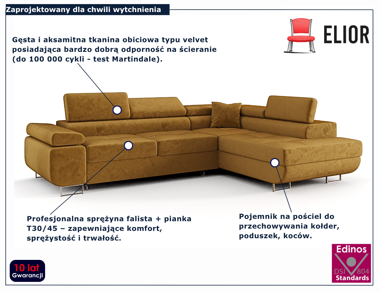 Żółty narożnik rozkładany w kształcie litery L Tavesso 3X