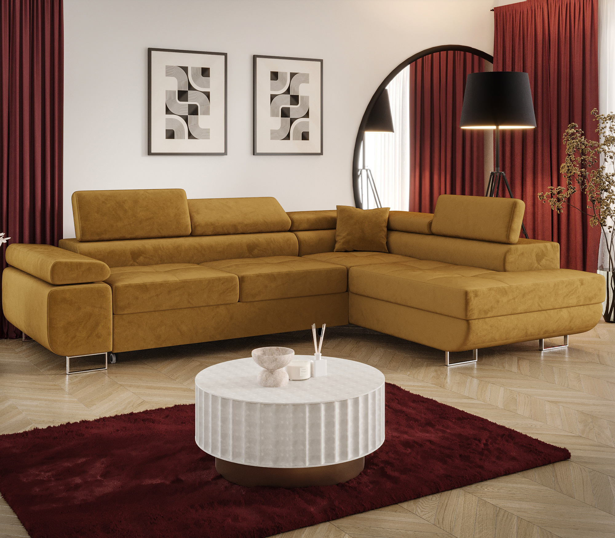 Aranżacja wnętrza z sofą w kolorze żółtym Tavesso 3X