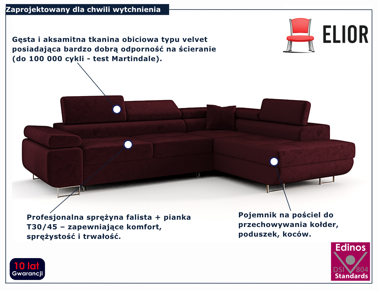 Bordowy narożnik rozkładany w kształcie litery L Tavesso 3X