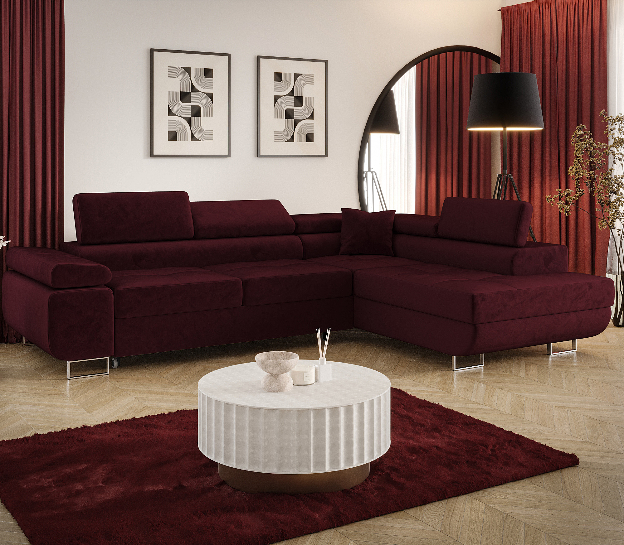Aranżacja wnętrza z sofą w kolorze bordowym Tavesso 3X