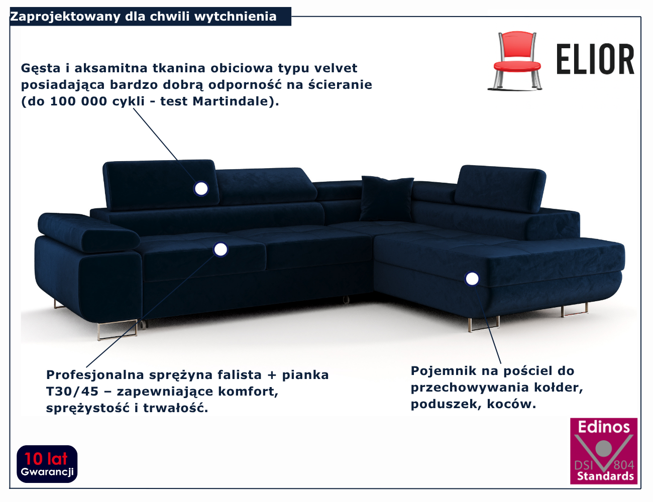 Granatowy narożnik rozkładany w kształcie litery L Tavesso 3X