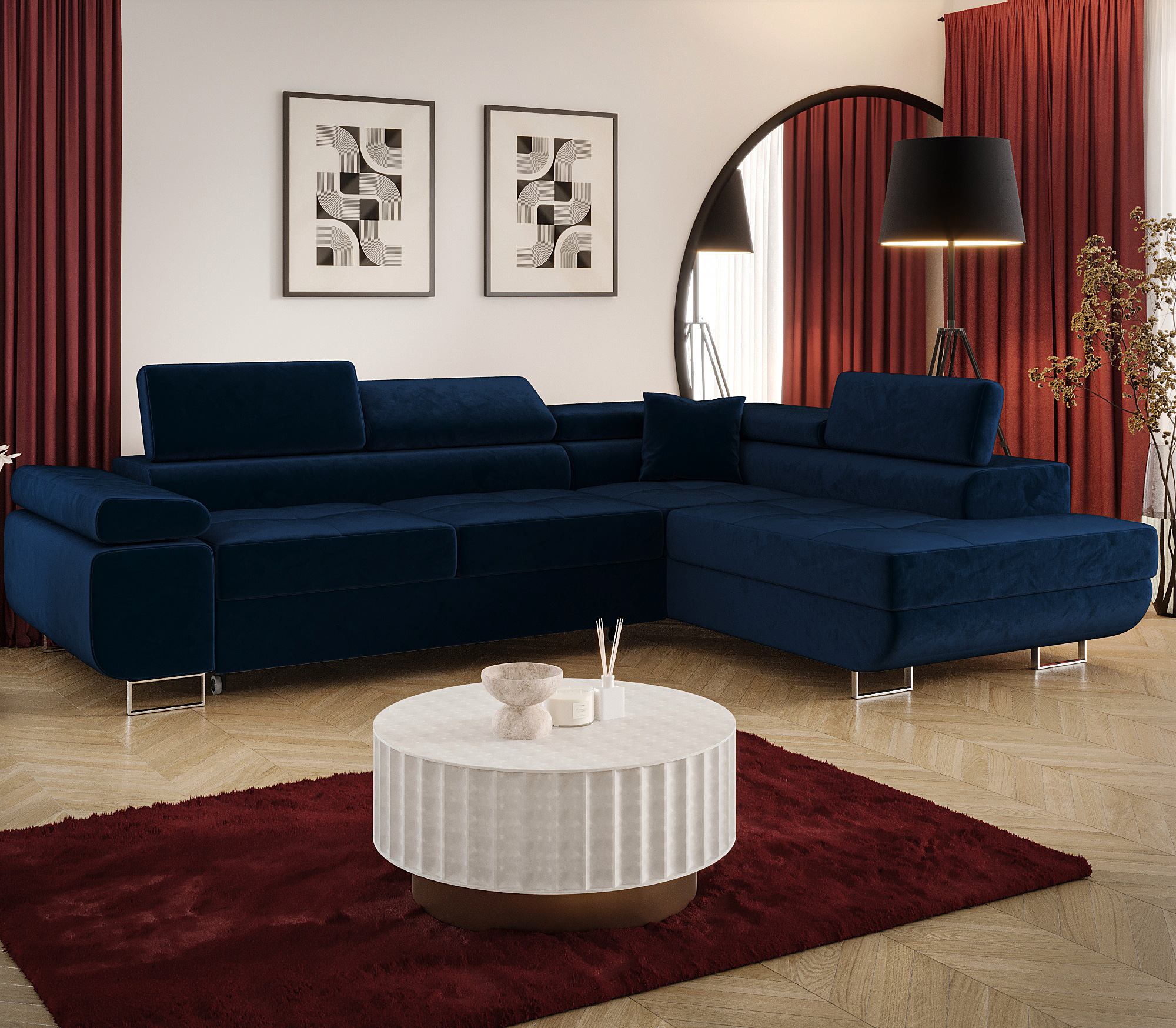 Aranżacja wnętrza z sofą w kolorze granatowym Tavesso 3X