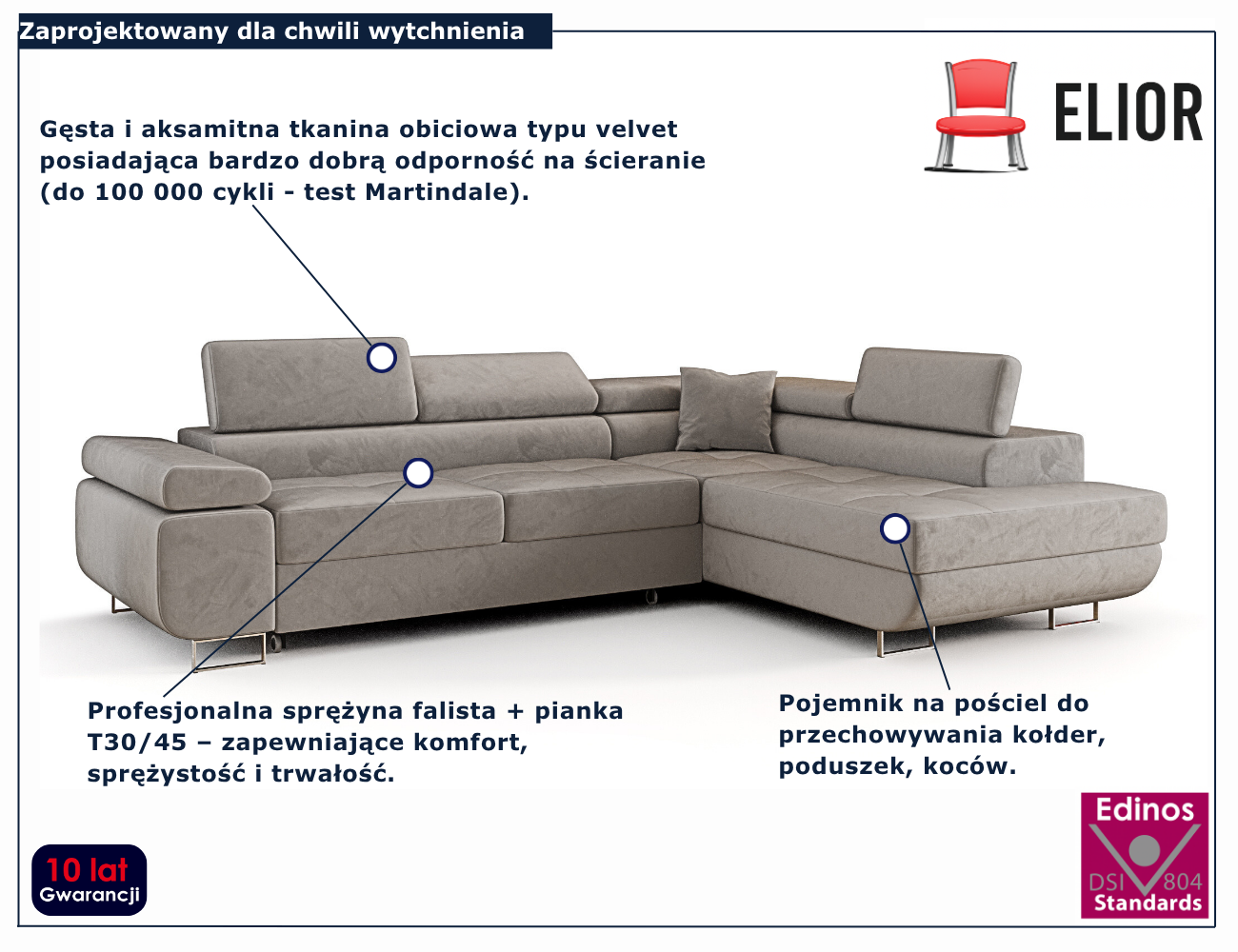 Szary narożnik rozkładany w kształcie litery L Tavesso 3X