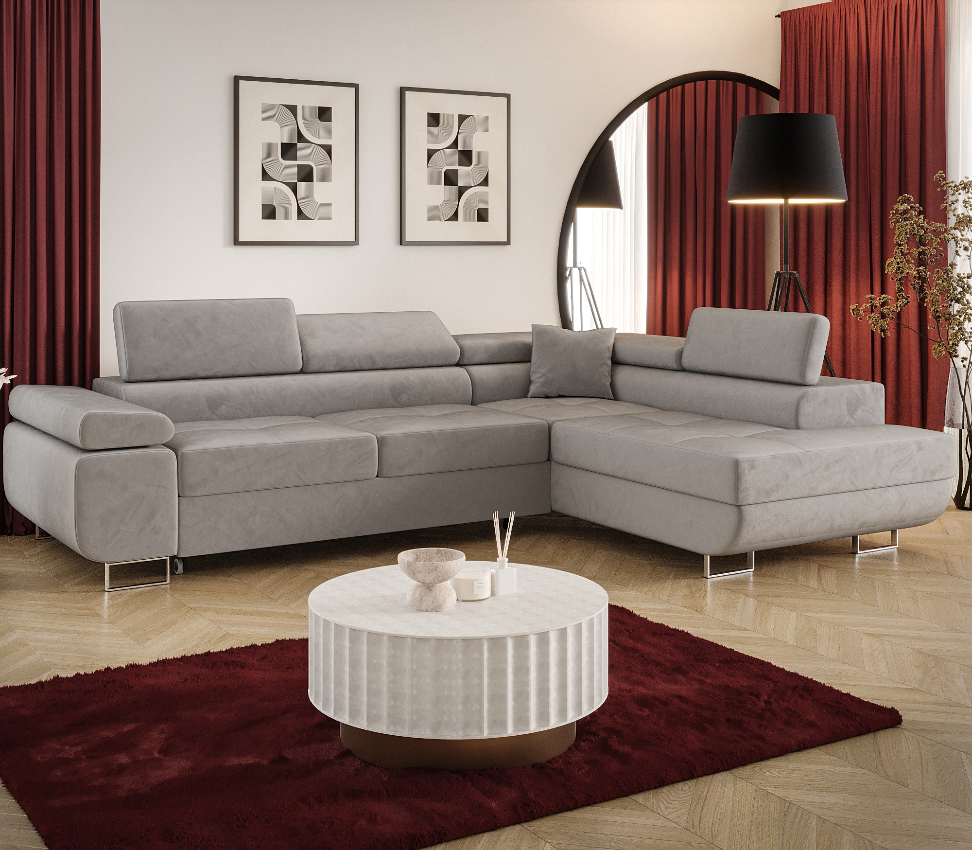 Aranżacja wnętrza z sofą w kolorze szarym Tavesso 3X