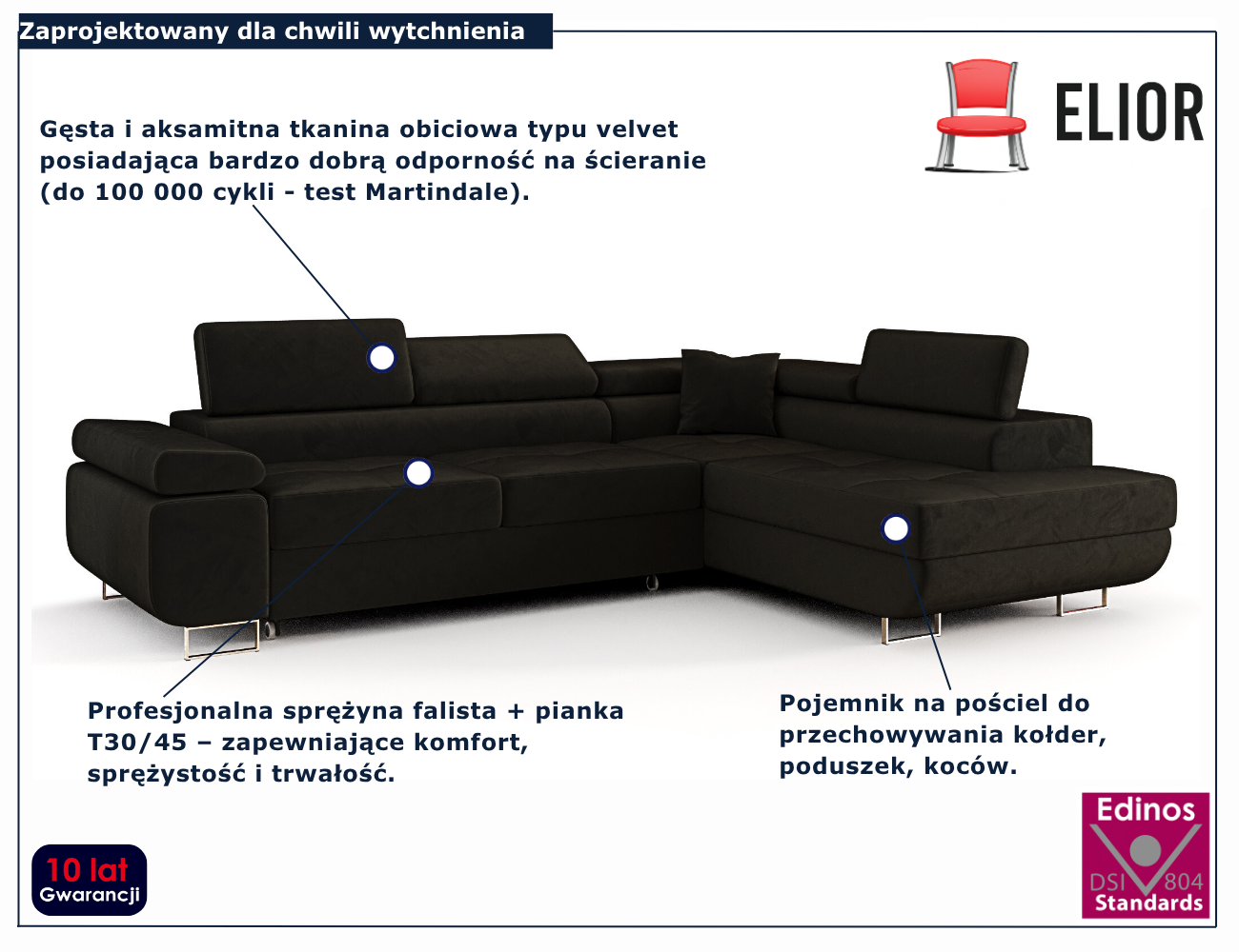 Grafitowy narożnik rozkładany w kształcie litery L Tavesso 3X