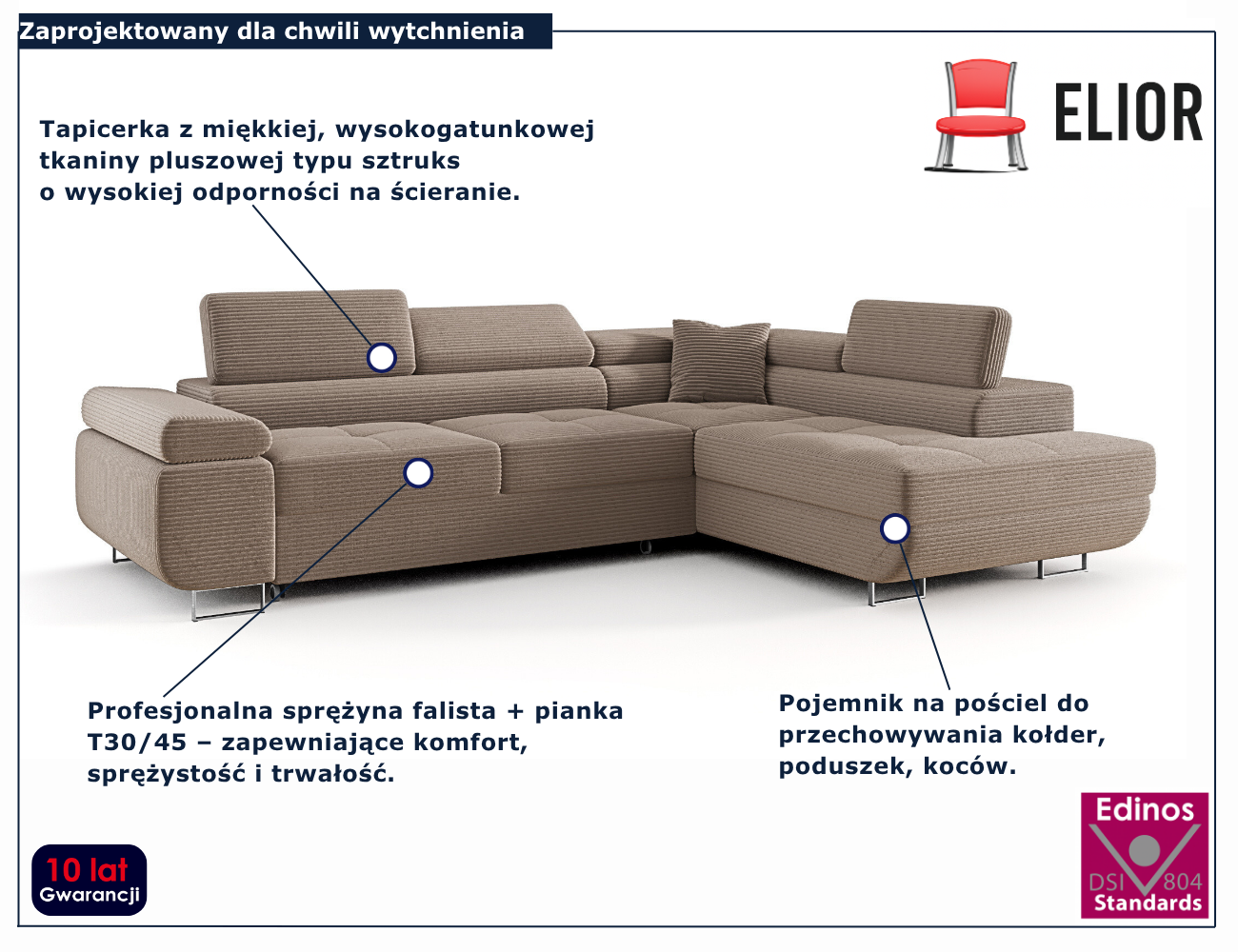 Beżowy narożnik rozkładany w kształcie litery L Tavesso 4X